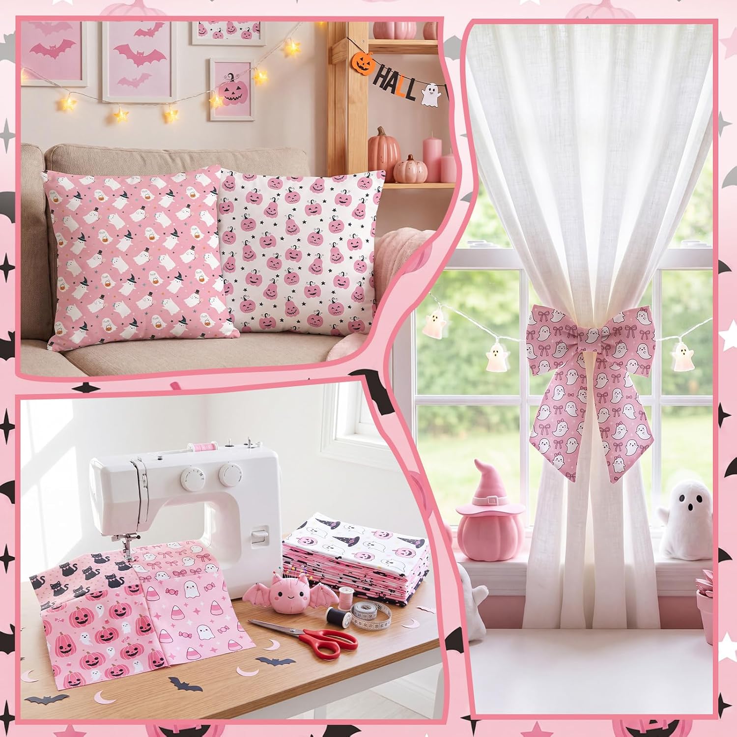 Tegeme 12 Pcs Pink Halloween Fabric Bundle, 18 x 22 Inch, Fat Quarters