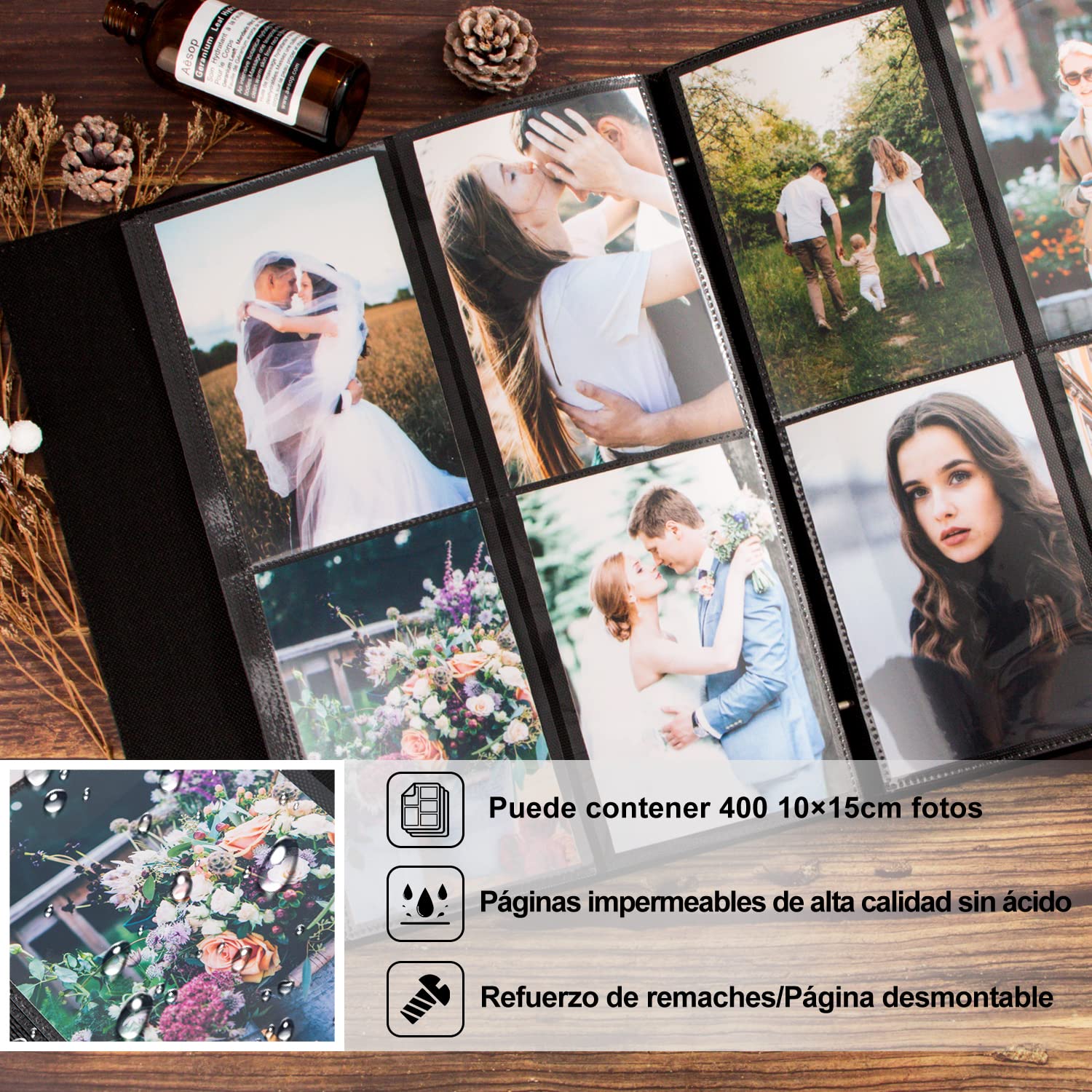 Lanpn Álbum de Fotos Tradicional 10x15 Bolsillo, Álbum de Fotos de Clase con Bolsillo de Plástico 400 Fotos Verticales Azul