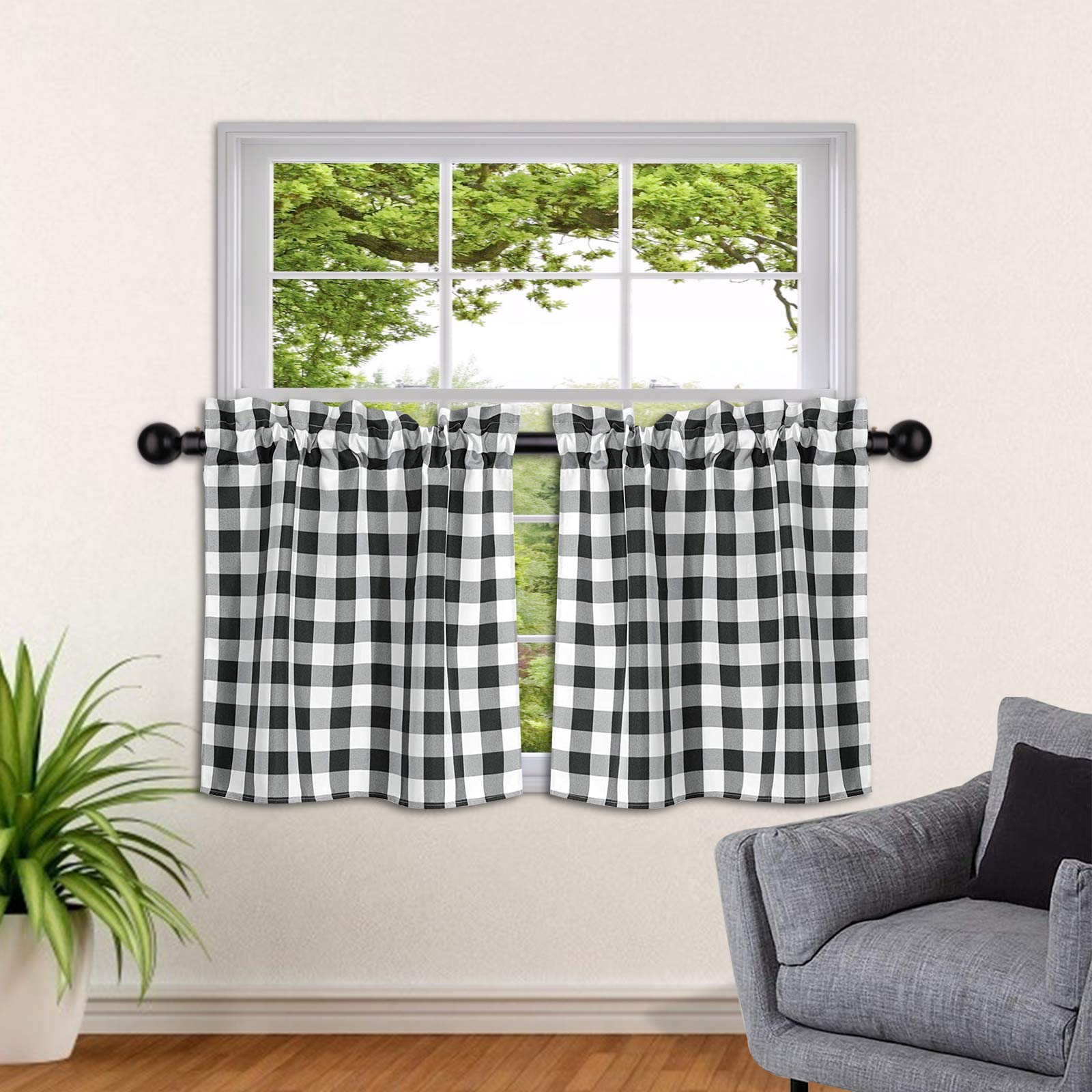 SEEYE Farmhouse Kitchen Curtains Buffalo Plaid - Tiers Curtains for Windows Light Filtering Rod Pocket Thermal Insulated or Home Bedroom Cafe Decor Window Treatments, 27” W x 24” H-2 Pcs, Black