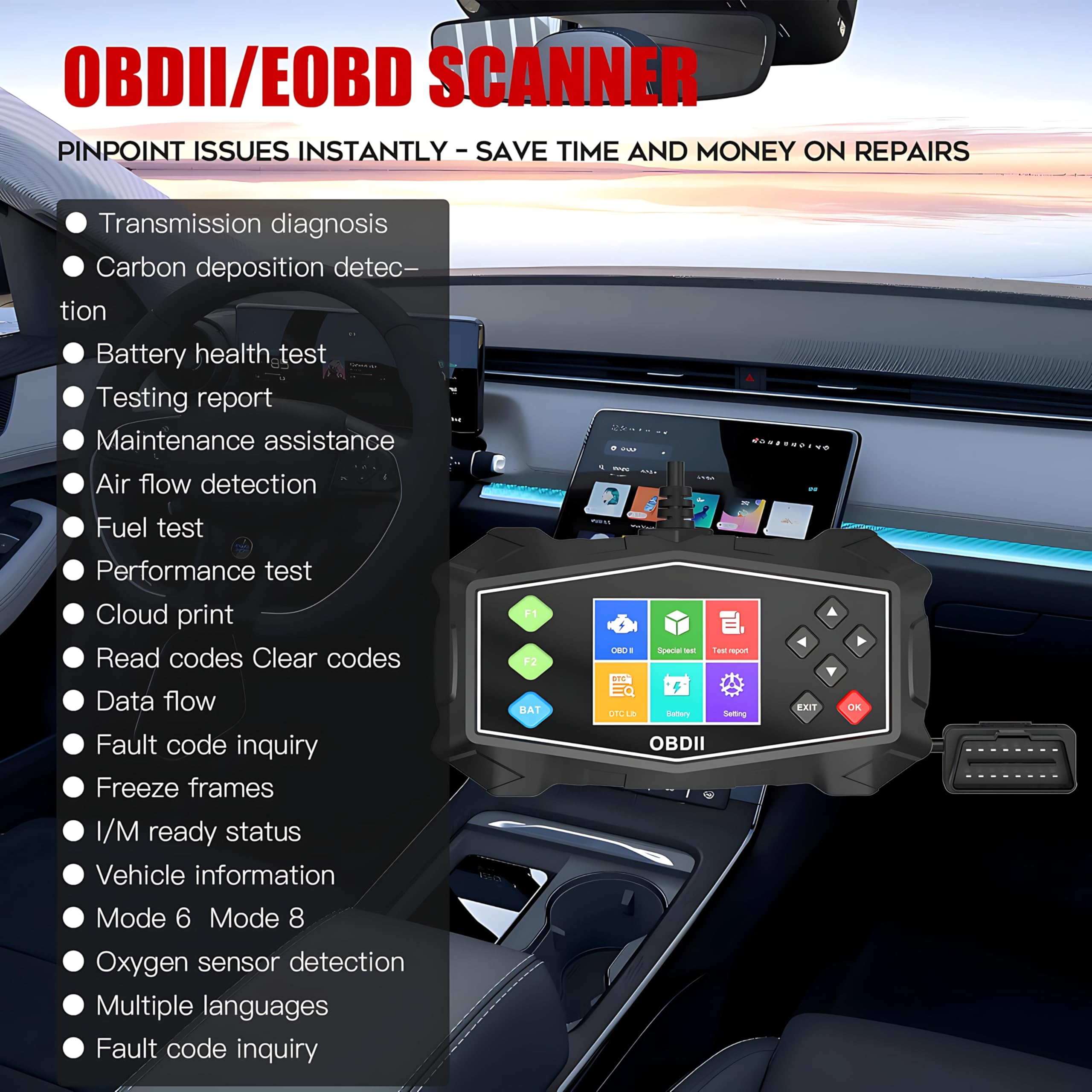 Escáner OBD2 V529 Multimarca, Máquina Diagnosis Coche OBDII/EOBD en Español, Lector Códigos Motor DTC, Borra Fallos, Datos en Vivo, I/M, Sensor O2, EVAP, AutoVIN, Plug & Play Plus.
