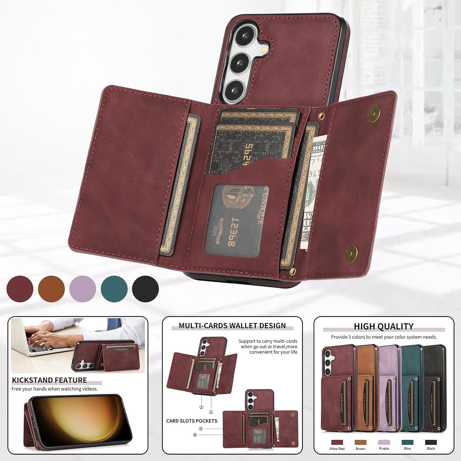 Asuwish Phone Case for Samsung Galaxy S24 Plus S24+ 5G Wallet Cover with Tempered Glass Screen Protector and PU Leather Credit Card Holder Stand Cell Accessories S24plus 24S + S 24 24+ Women Wine Red - Image 2