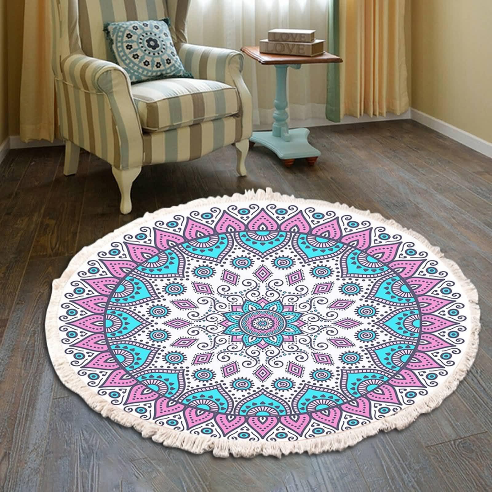 Alfombra Redonda Cocina 150 cm - Alfombra Poliester Dormitorio Patrón de Floral de Mandala con Borlas - Alfombras de Pasillo Rosa Turquesa