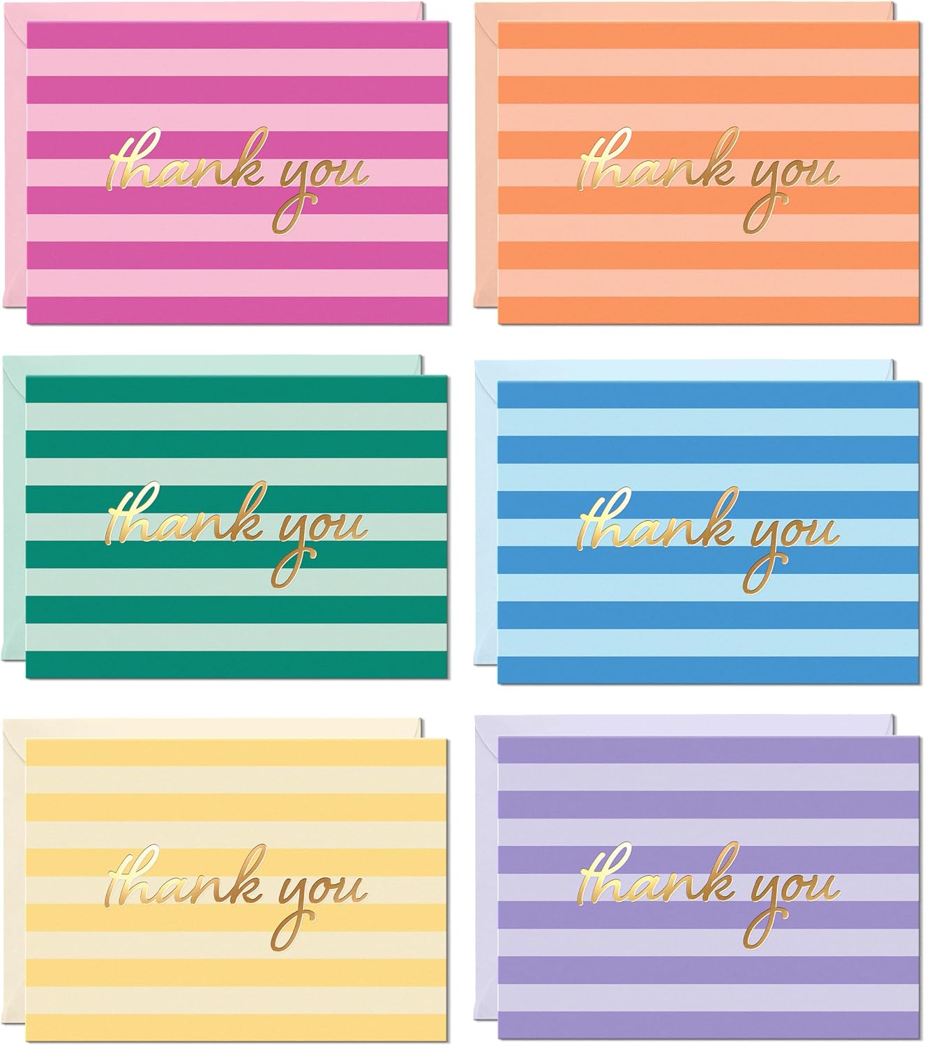 Sweetzer & Orange Thank You Cards Boxed Set, 24 Pack Coastal Stripes Notes With Gold Foil, 4" x 5.5" Blank Cards With 6 Designs and 6 Color Envelopes, Assorted Thank You Stationery