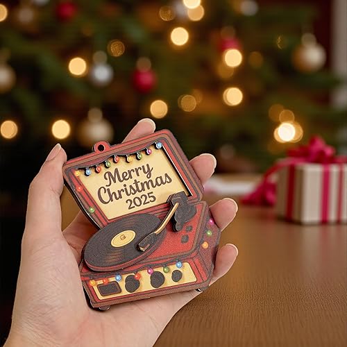 Miniatura 2 de Adorno de tocadiscos de Navidad, madera 3D de disco de vinilo retro, adornos de Navidad 2025 para árbol de Navidad, decoración de Navidad de los
