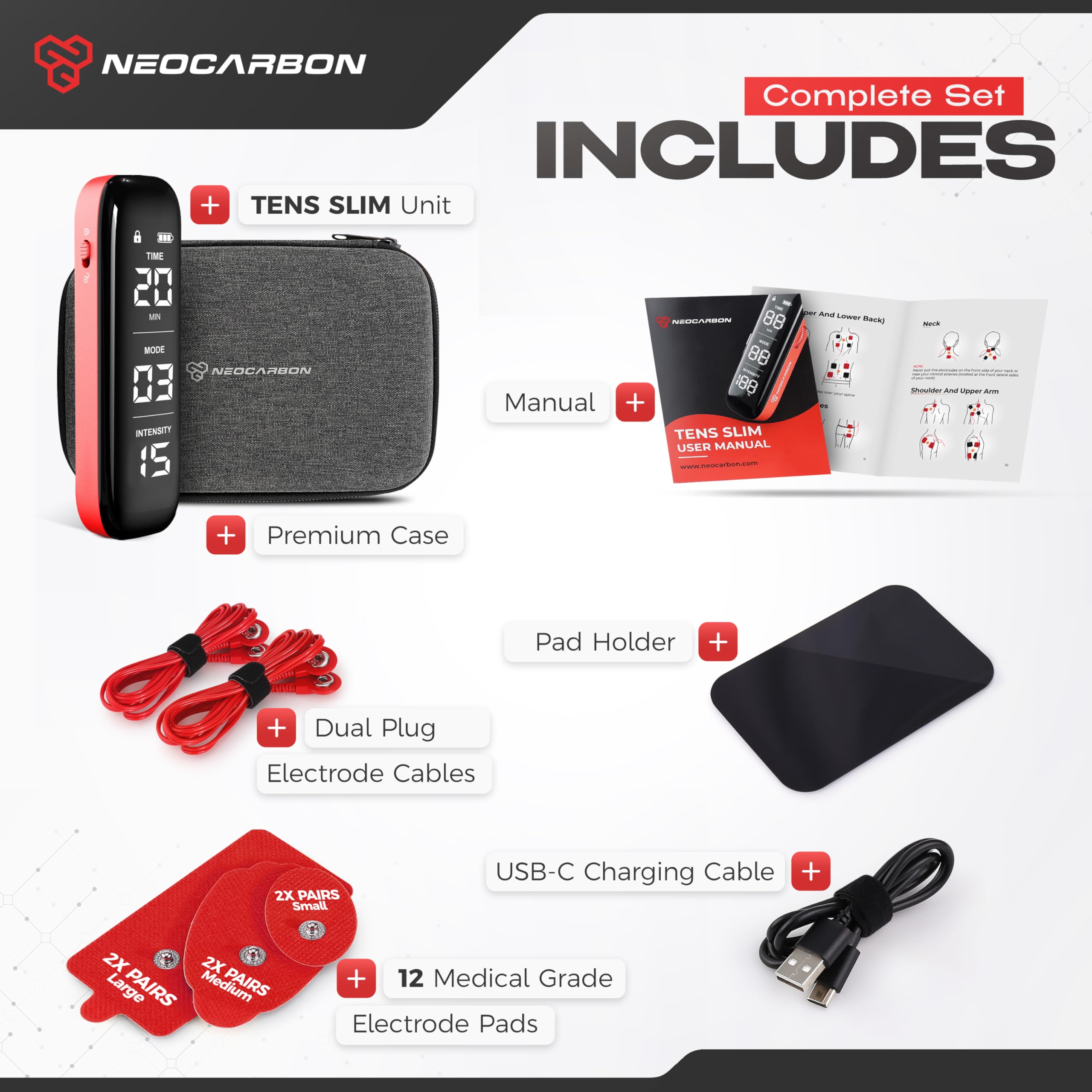 NEOCARBON TENS Unit Muscle Stimulator Slim for Pain Relief, Red — Amazon image 4