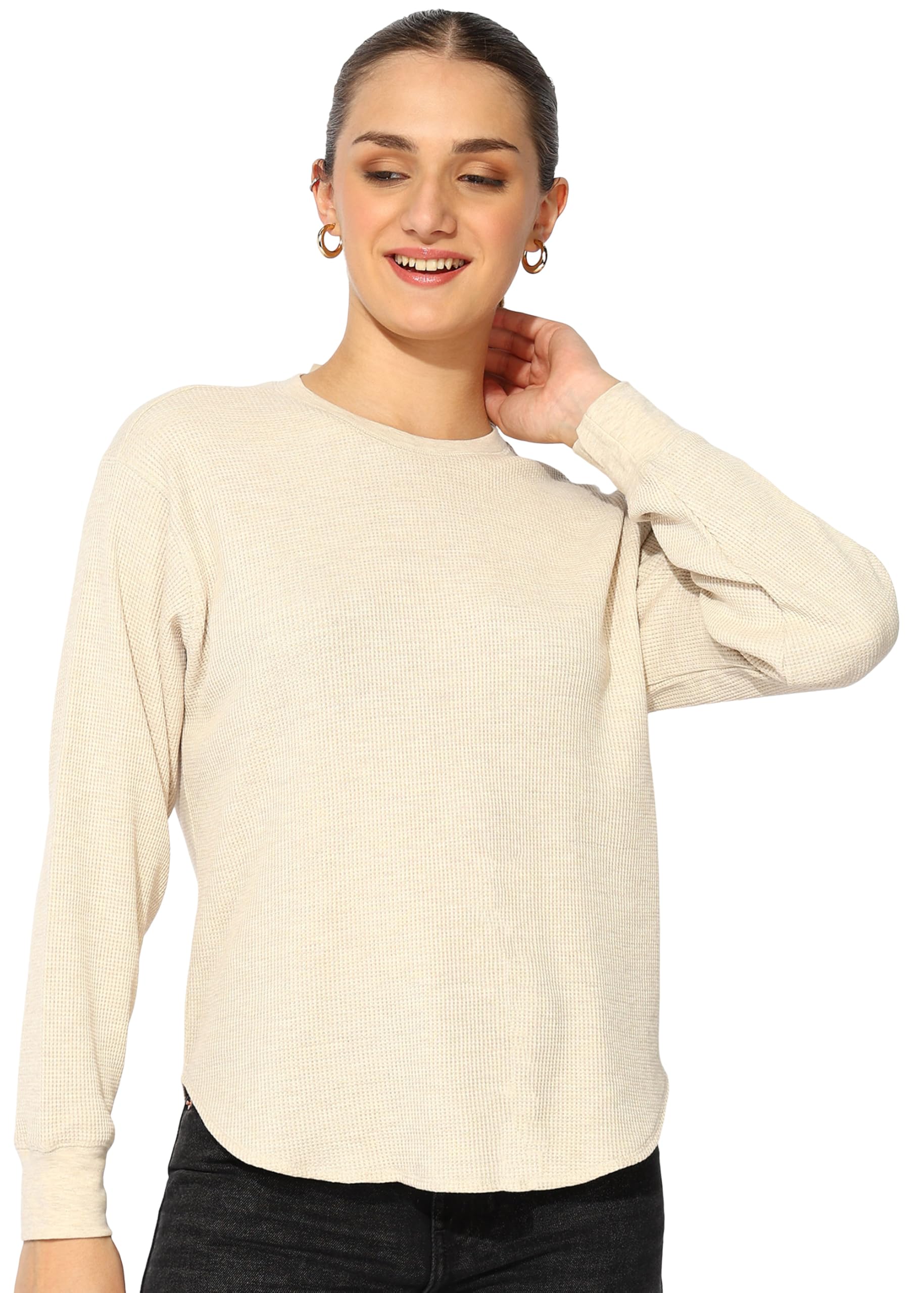 Alan Jones Clothing Women's 100%Cotton Relaxed Fit Waffle Crew Neck Long Sleeve T-Shirt