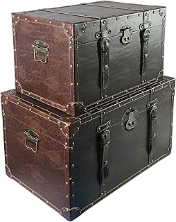 DreamsEden Large Wooden Treasure Chest Box - Vintage Decorative Storage Trunk with Hinged Lid, Big Wood Leather Memory Keepsake Box, Set of 2