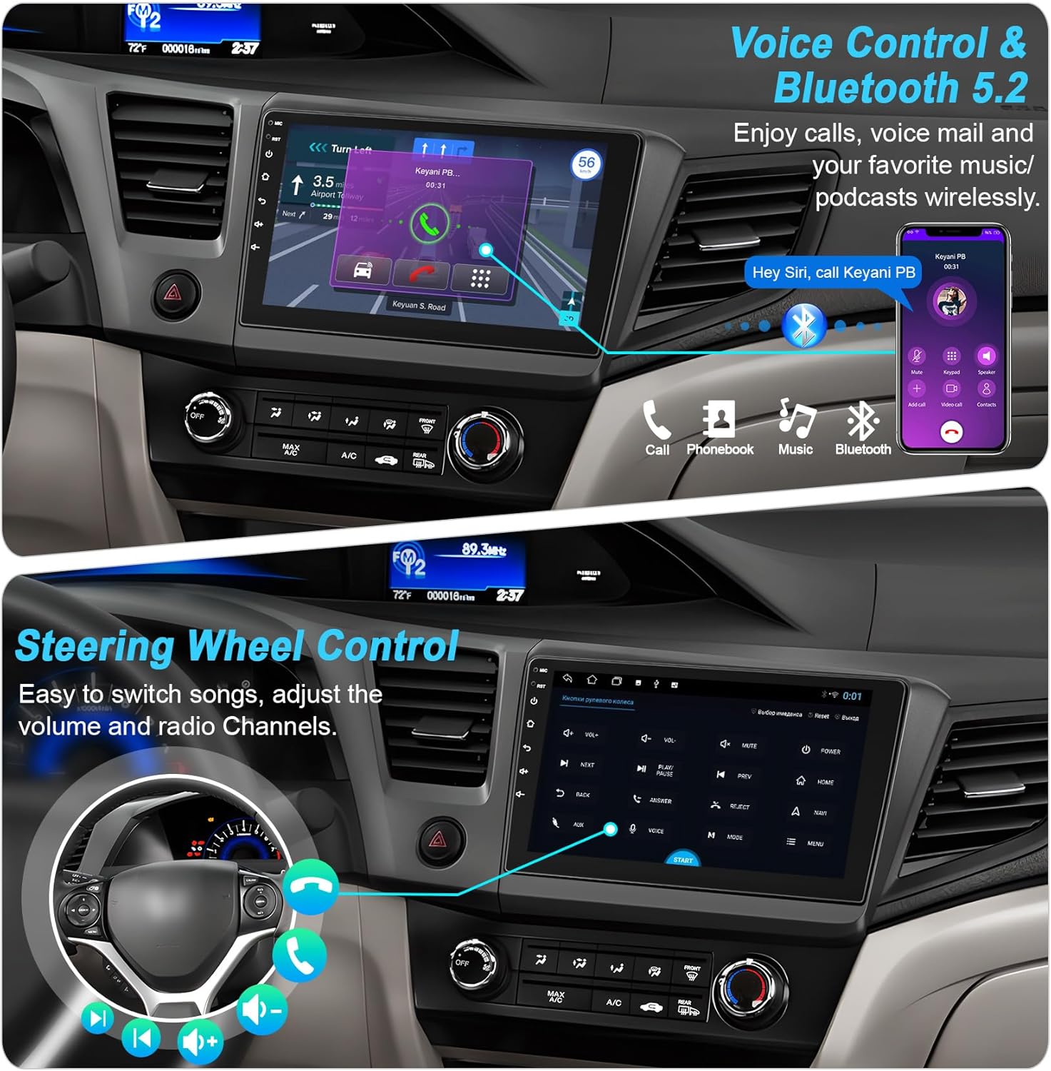 Car Radio Stereo Upgrade for Honda Civic 2012-2015，8 core 4+128G with Wireless CarPlay/Android Auto/9 '' Touch Screen/Android 14/Bluetooth/WiFi/GPS Navigation/1080p Backup Camera