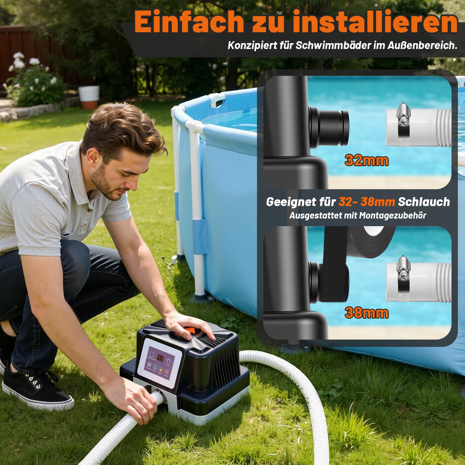 Daromigo Poolheizung Elektrisch 3000W mit Digitalanzeige, Temperaturregelung 37-45°C, Poolheizung für Aufstellpools bis 3 m³, mit FI-Schutz und Kippschutz, für 32/38 mm Schlauch