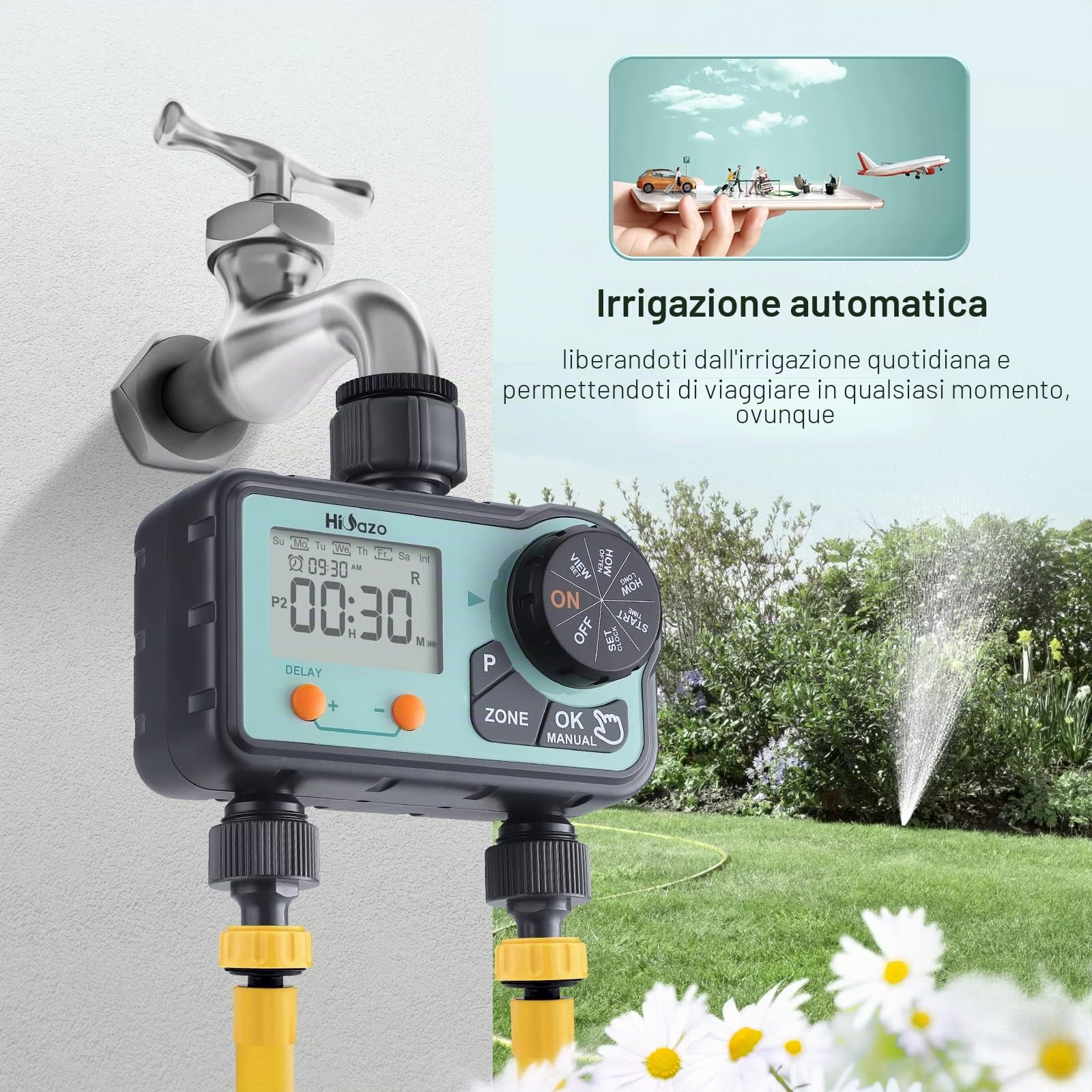 Computer per irrigazione giardino automatico, 2 Vie, 6 programmi di irrigazione al giorno, Centralina Irrigazione, Ritardo per Pioggia, Modalità Manuale, Timer per l'acqua per Giardino e Serra