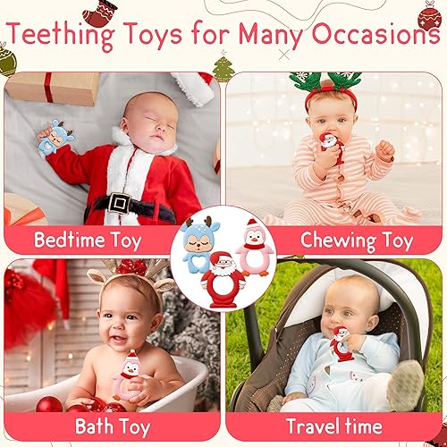Miniatura 6 de Mordedor de silicona de Navidad para bebés, 3 piezas de Papá Noel, pingüino, ciervo, alivio de la dentición, juguete para masticar, para aliviar