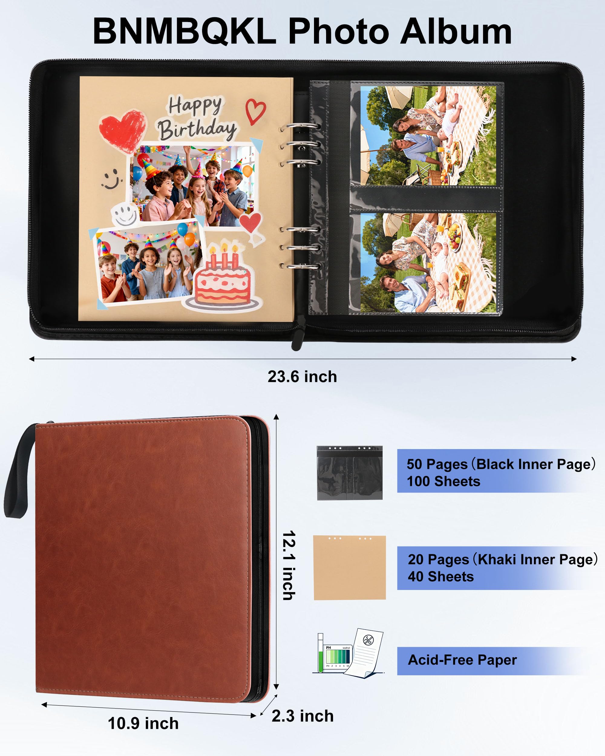 Álbum de fotos de cuero de 4 x 6 pulgadas, 200 fotos, con cierre de cremallera, 50 páginas y 30 álbumes de recortes en blanco, diario de recuerdos de viaje, libro de fotos para familia, boda, bebé y