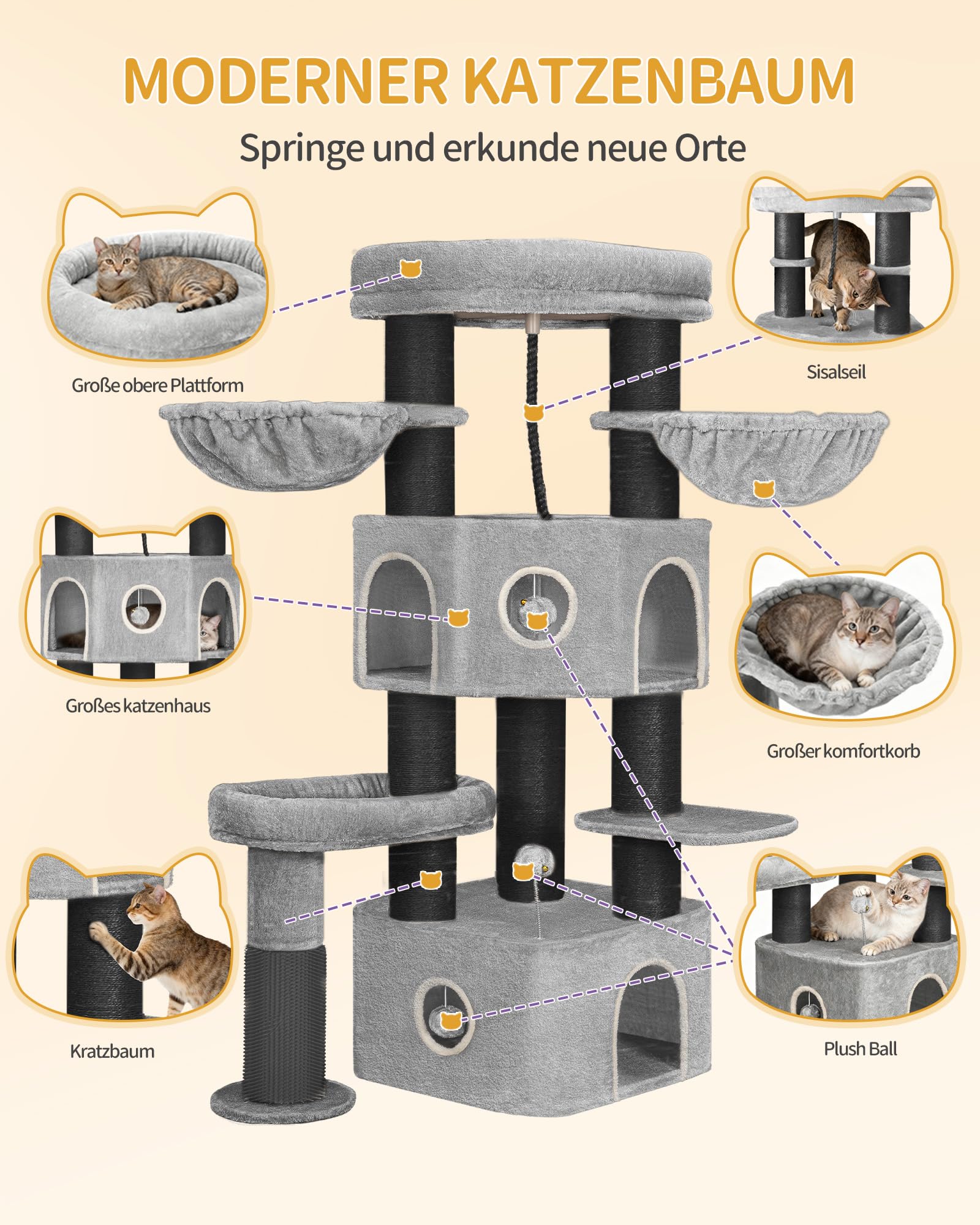 Hzuaneri Kratzbaum, 163 cm Katzenbaum, 11 cm d Dicke Sisalstämme, für Große Katze, 2 Höhlen, Geräumige Plattform, Plüschball, Katzenbürste, Mehrstöckiger Katzenkratzbaum, Hellgrau Schwarz MS16318BG