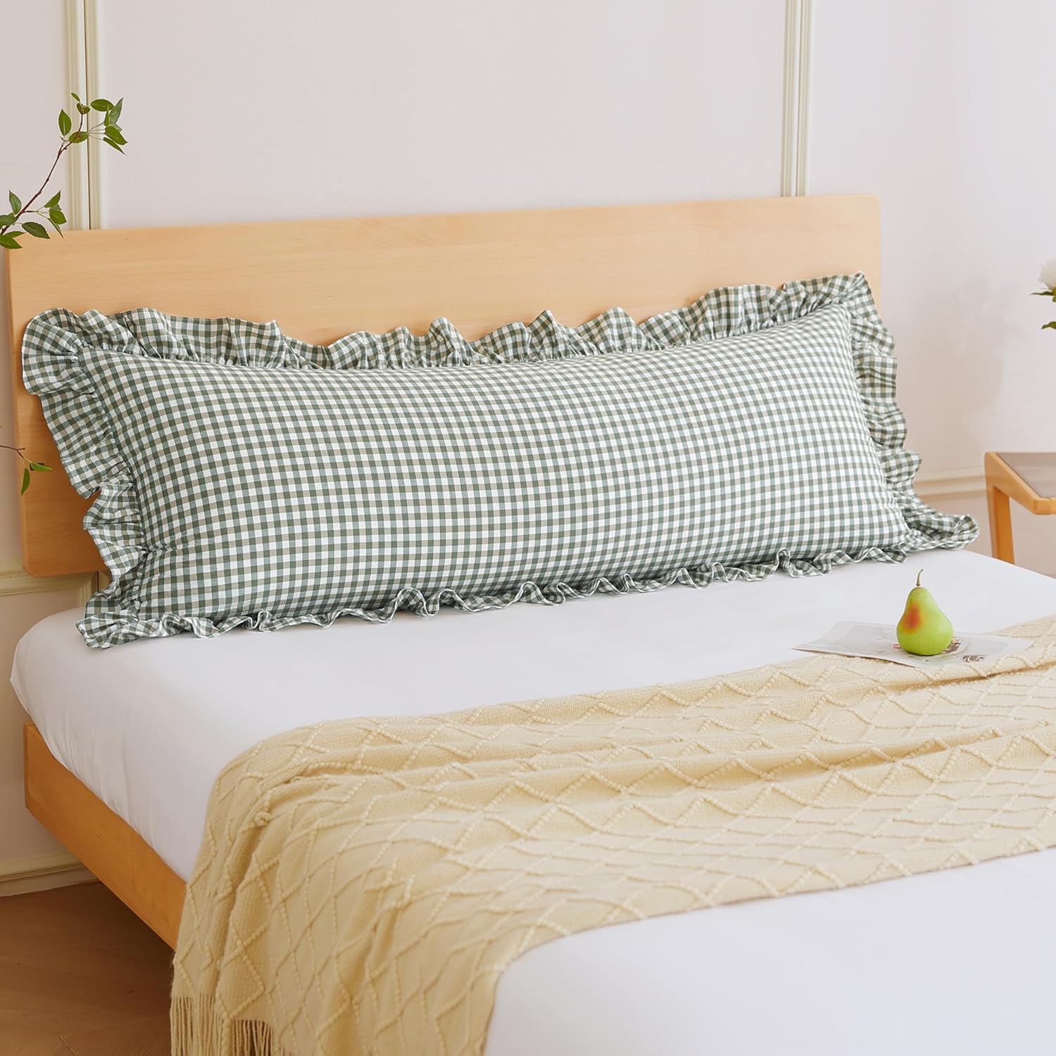 20x54 inches Ruffles Sage Green/White Plaid Body Pillow Cover with Zipper, 1 Pcs Rustic Washed Cotton Farmhouse Checkered Gingham Long Pillow Cases for Bed/Sofa