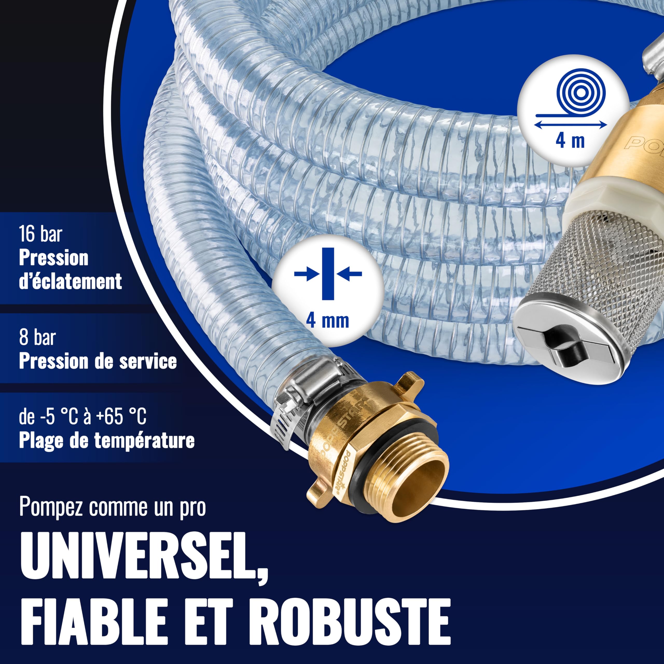 Poppstar Tuyau d'aspiration 1 pouce 4 m (DI 25 / DE 33 mm, Paroi 4 mm), crépine inox clapet anti-retour, écrou-raccord DI 1 1/4" (41,9 mm), réducteur DE 1" (33,3 mm)
