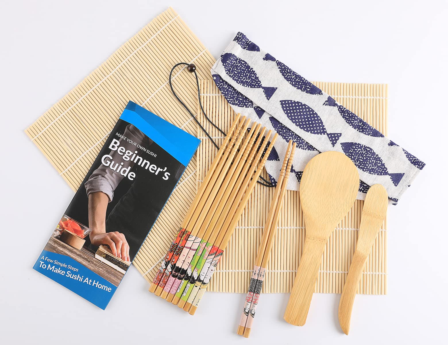 Sushi Making Kit for Beginners, Bamboo Sushi Roller Maker Kit, Include 2 Bamboo Rolling Mat, 5 Pairs of Chopsticks, 1 Spreader, 1 Paddle, 1 Cotton Bag and 1 Beginner Guide (Sushi Set of 11)