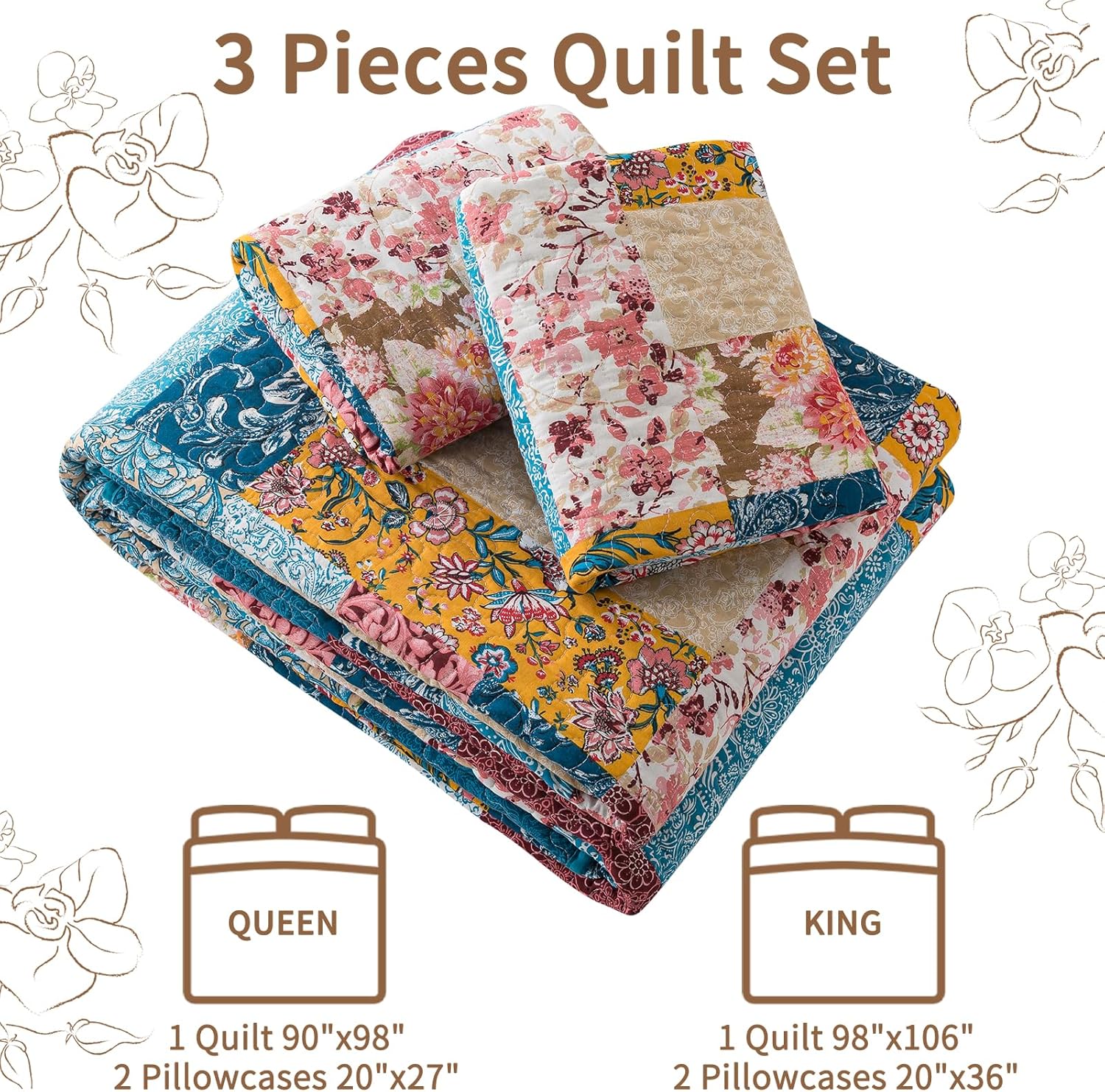 VAPUTAR Cotton Quilt Queen Size Bedding Set, 3 Pieces Queen Quilts for Bed (90 x 98 Inches), Farmhouse Style Queen Size Bedspread, Garden Lightweight Cotton Coverlets for Bedroom - Image 5