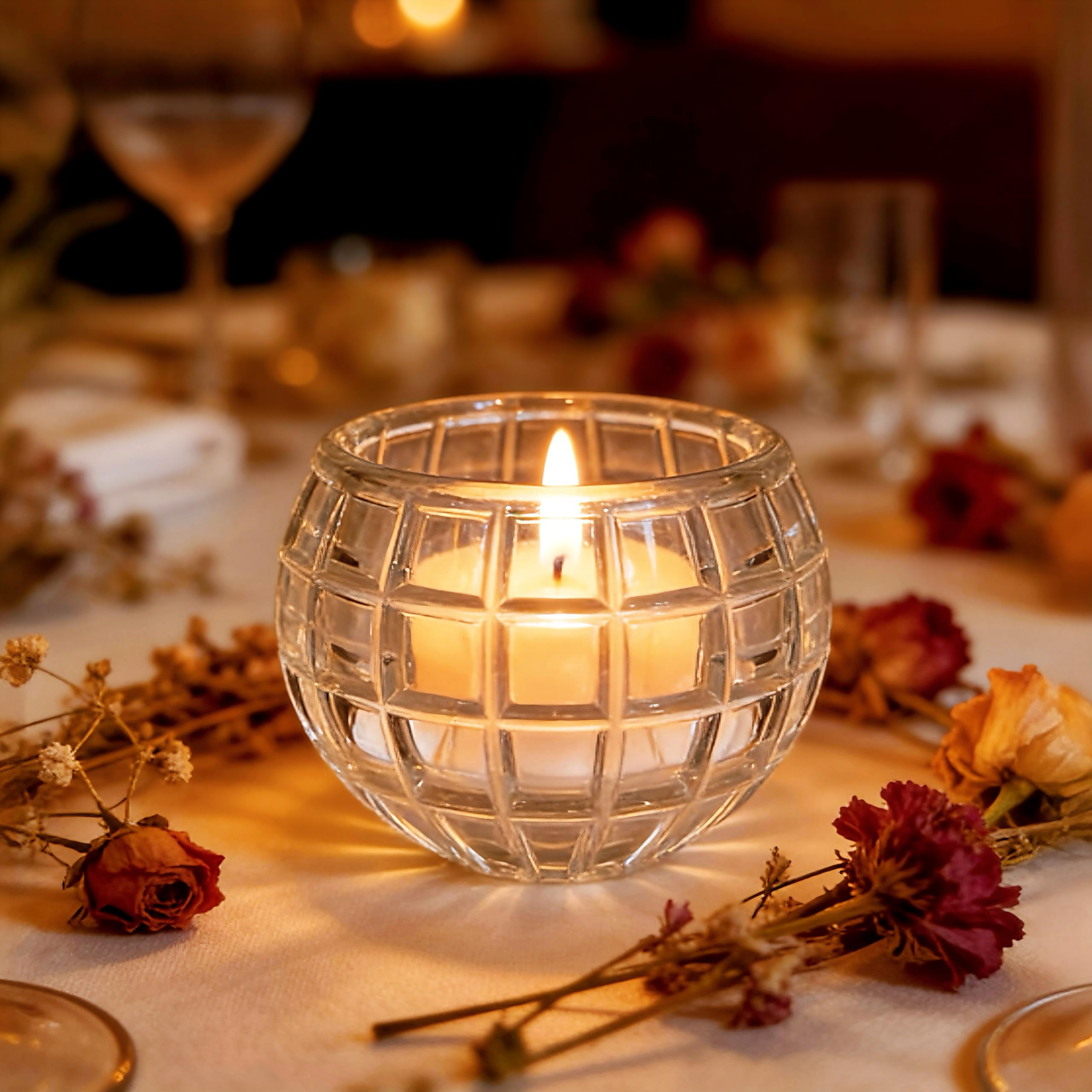 Portavelas votivas redondas de cristal, portavelas pequeños transparentes para centro de mesa, boda, decoración del hogar (3 x 2.36 pulgadas)
