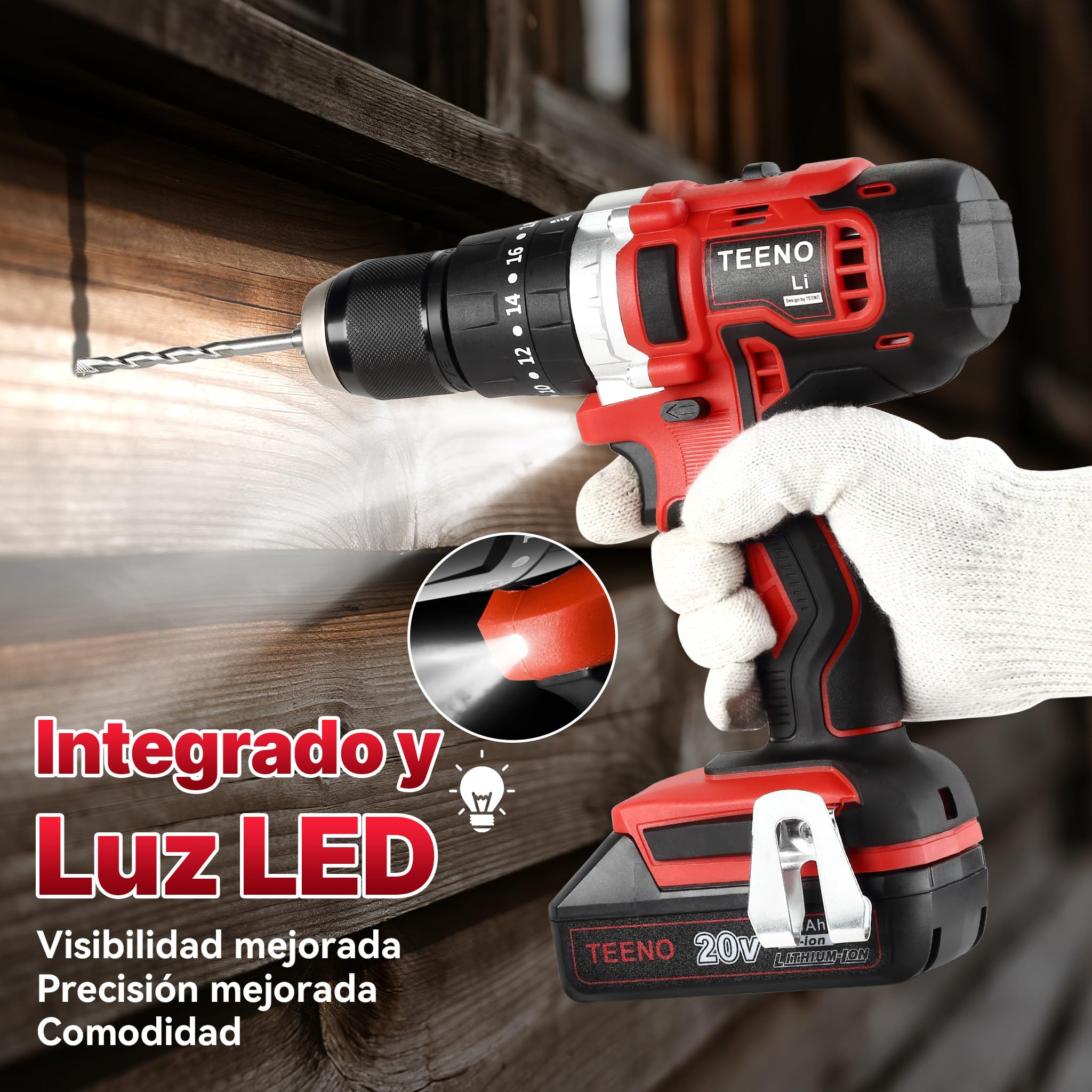TEENO Cordless Drill Driver 2 x 2.0 Ah Batteries, Screwdriver 45 Nm Hammer Drill, 25 + 3 Torque Settings, 69 Accessories + Case, LED, DIY