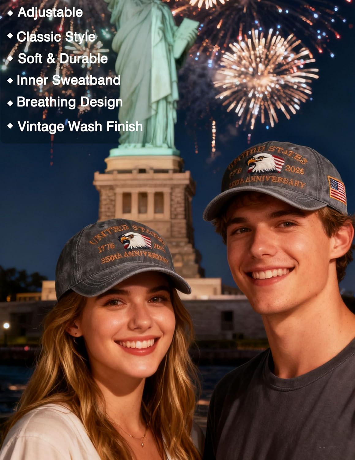 250th Anniversary USA Hat,1776-2026 Patriot Baseball Cap Adjustable Classic Retro Embroidered Eagle Hat for Men Women Gifts - Image 3