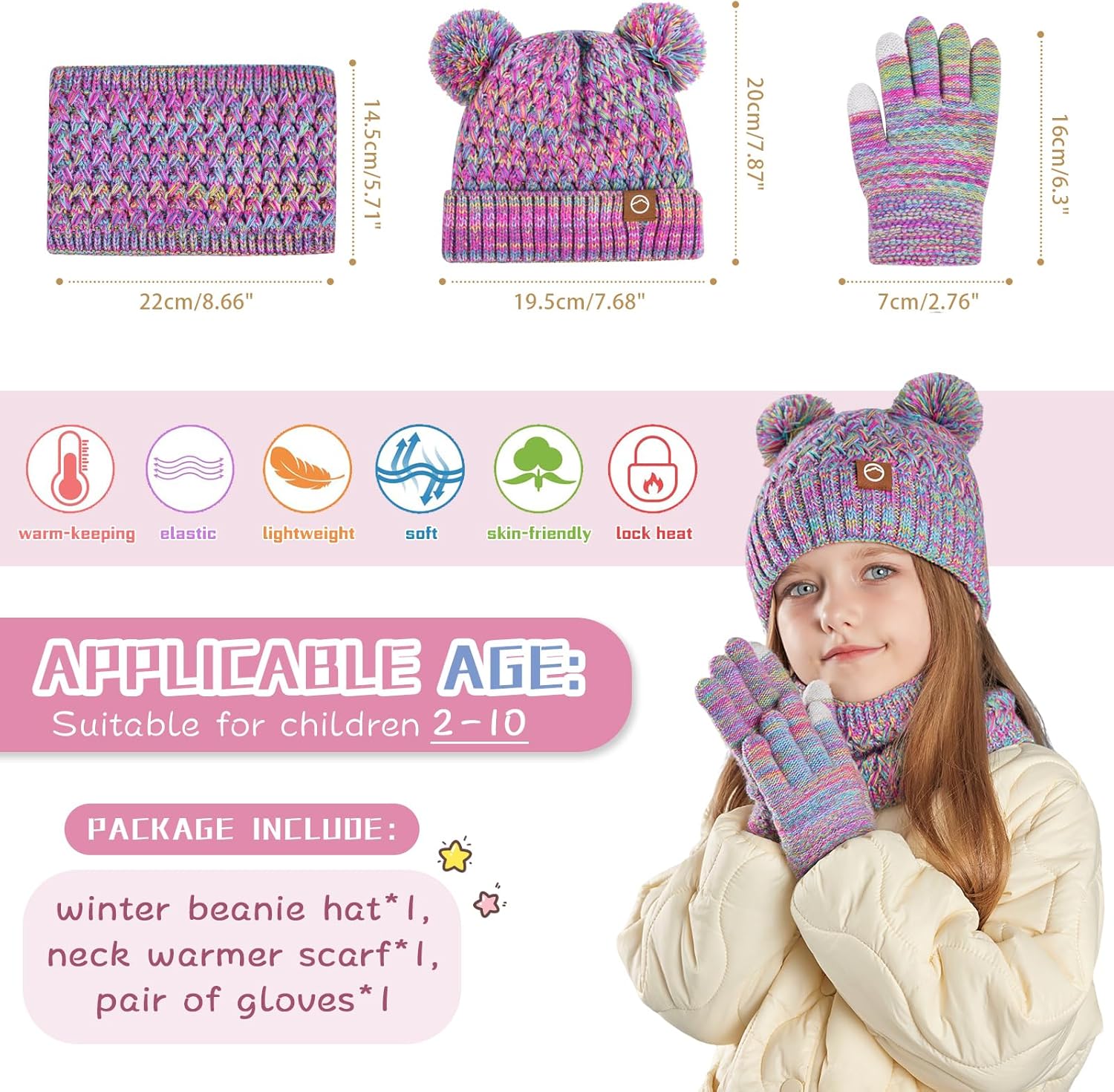 Kids Winter Hat Gloves Scarf Set,Toddler Girls Winter Hat Kids Beanie with Pom Neck Warmer Gaiter Mittens Fleece Lined Set - Image 6