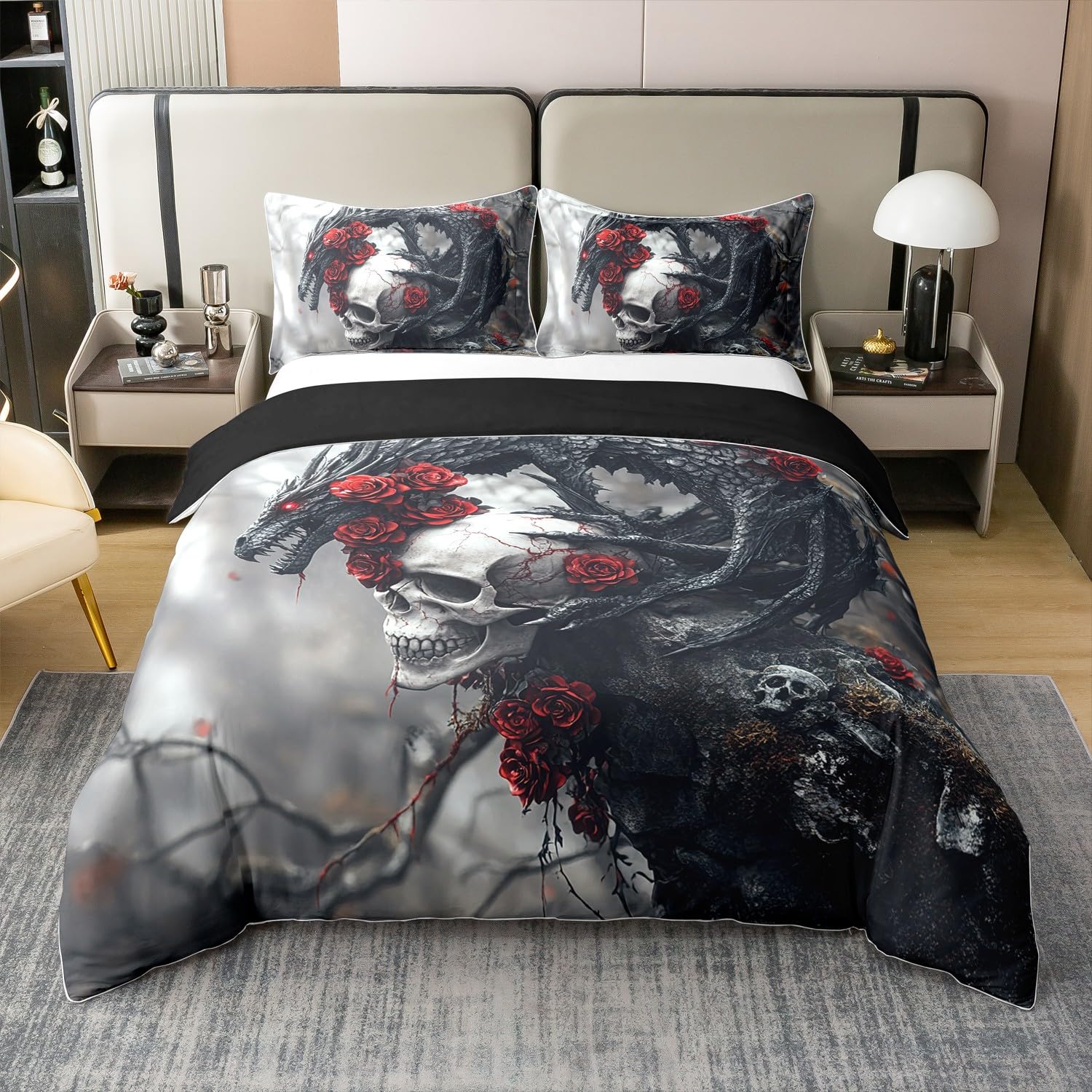 Rote Rose Drache 100% Baumwolle Bettbezug 155x220 für Mädchen Jungen Boho Mandala Floral Bettwäsche Set Gothic Skull Tröster Abdeckung Westliche Wildtiere Weiche Atmungsaktive 3D-Druck Bett Set