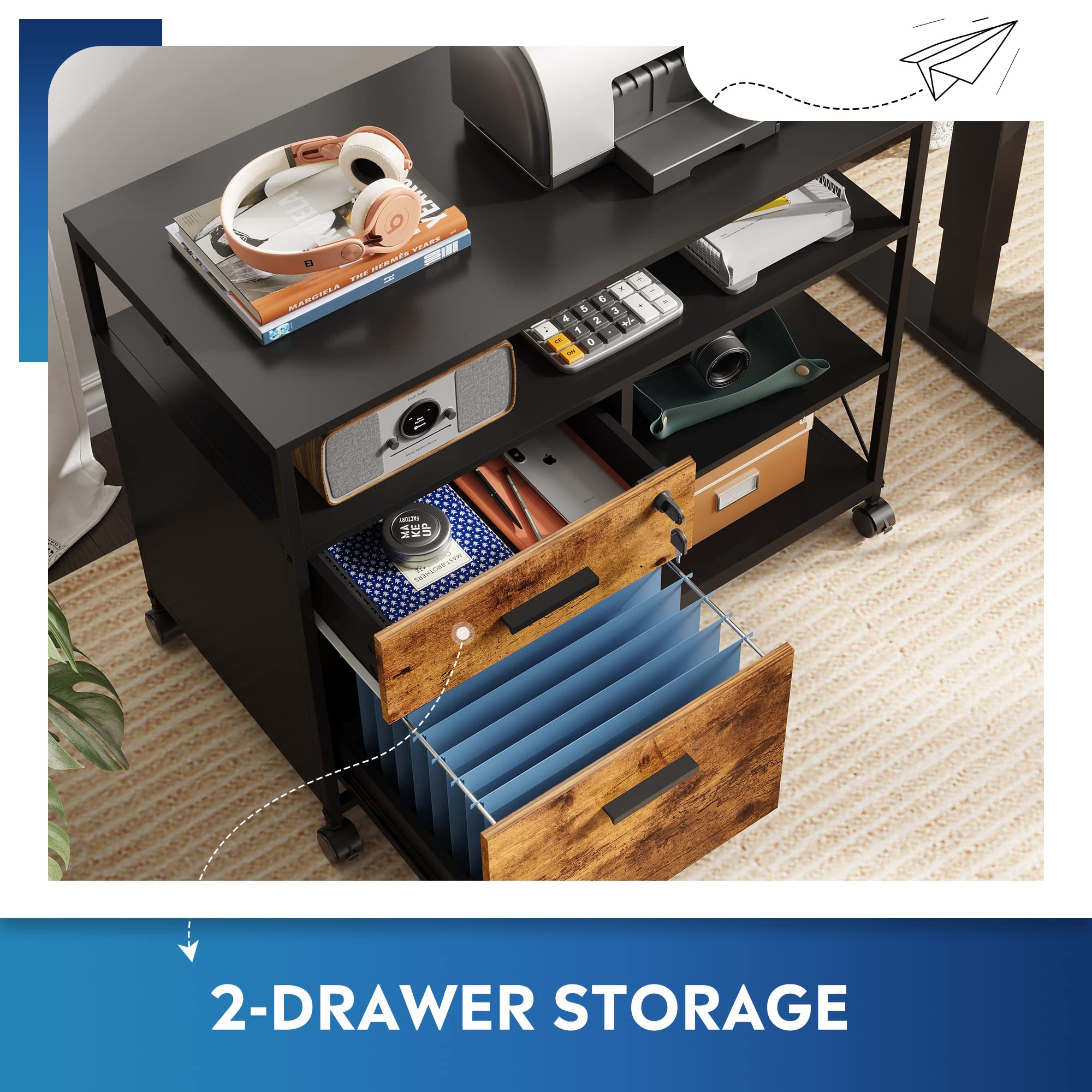 DEVAISE 2 Drawer Wood File Cabinet with Lock, Mobile Printer Stand with Open Storage Shelf, Lateral Filing Cabinet fits A4 Letter Size for Home Office, Rustic Brown