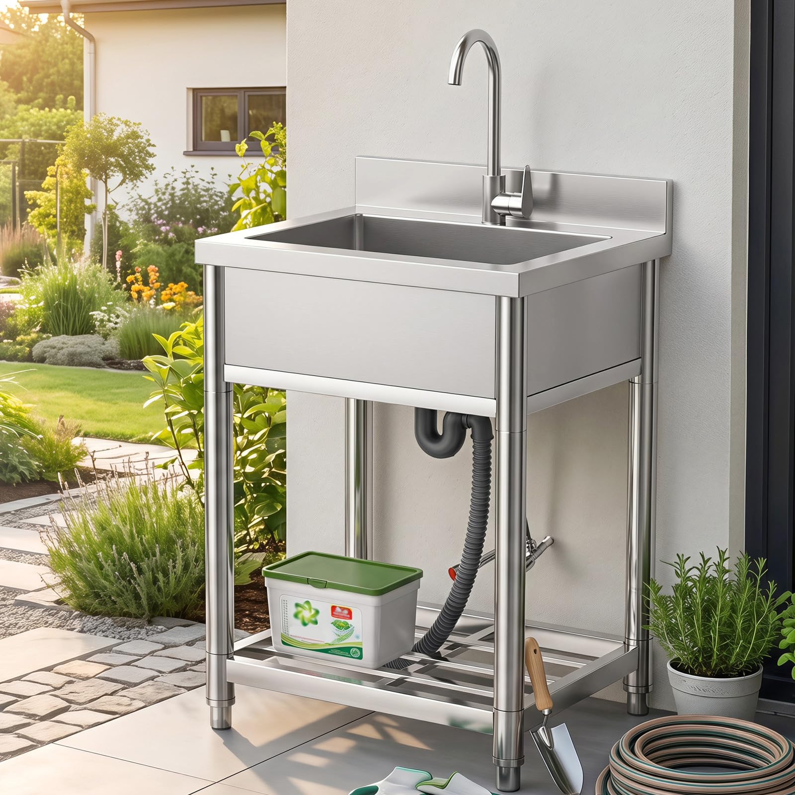 Fregadero con Patas Acero Comercial de Acero Inoxidable | 50 x 55 x 94 cm Fregadero de Cocina Independiente con Grifo, Fregaderos Industriales para Exterior, Cocina, Garaje, Jardín