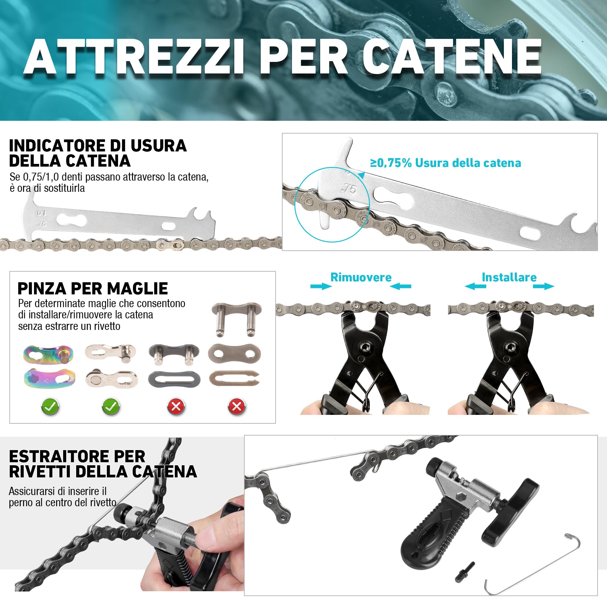 DuraTech Kit Professionale di Attrezzi per Bicicletta 41 Pezzi, Set di Riparazione per Catene, Pneumatici e Pedali con Custodia Portatile