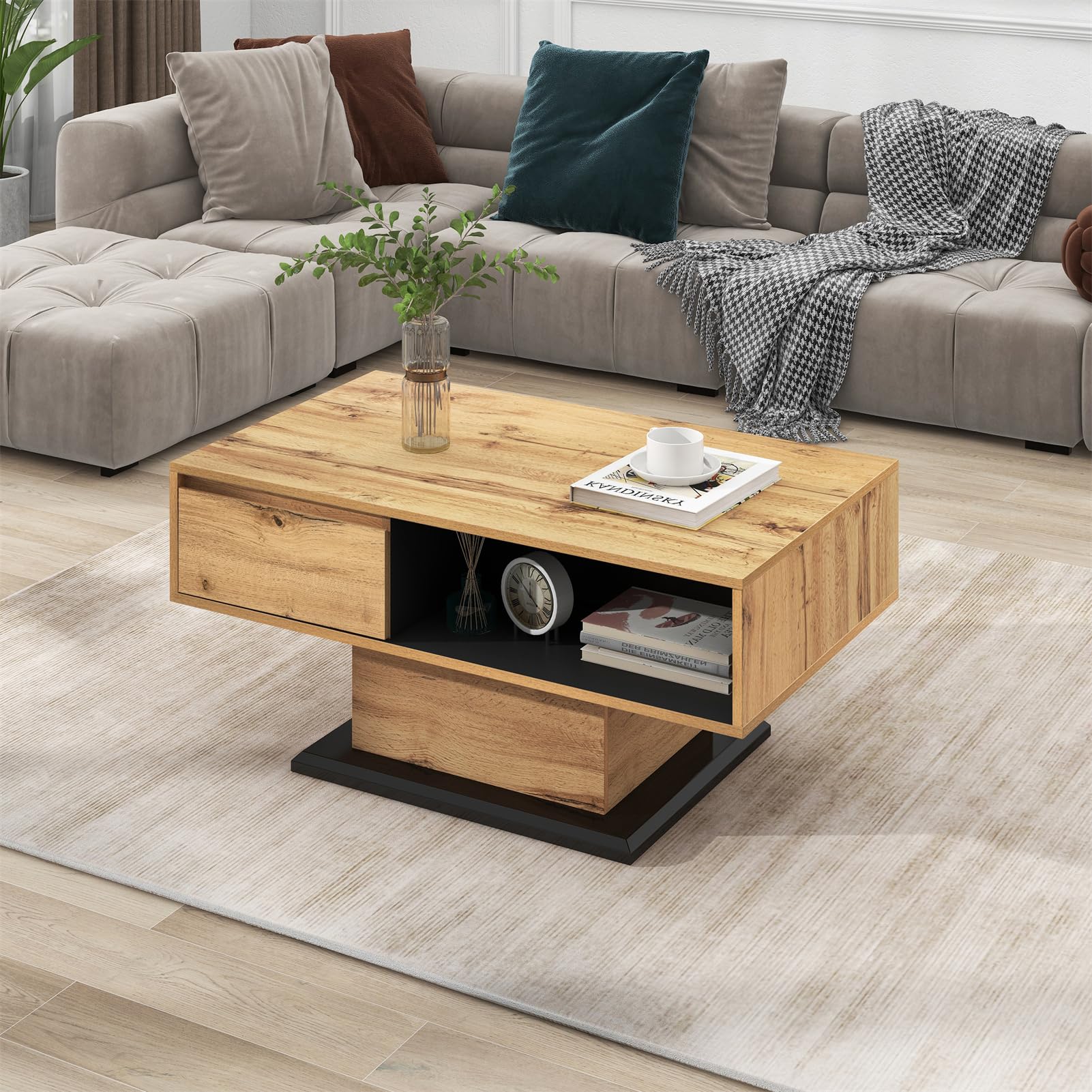 Sweiko Table basse moderne en bois grain de bois, table d'appoint avec un tiroir sans poignée, espace de rangement double face, bureau, canapé de salon, grand espace de rangement