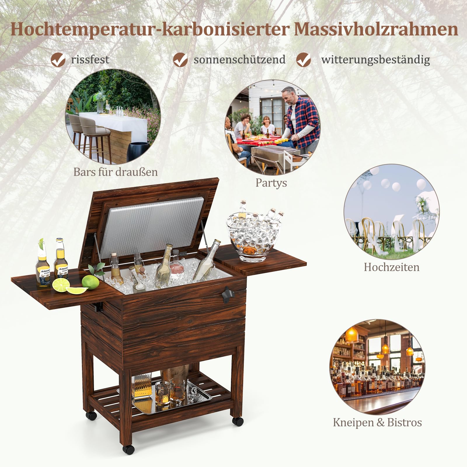 GYMAX 51L Kühlwagen, Servierwagen Kühlbox aus Holz mit 2 klappbaren Tischen, Flaschenöffner & abschließbare Rollen, Getränkekühler Outdoor für Poolbereich, Garten, Party
