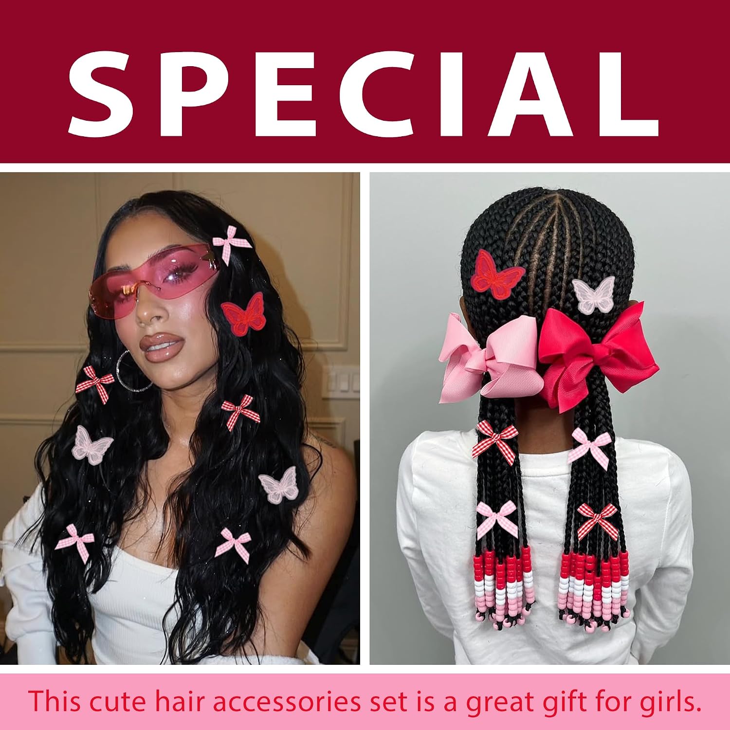 100pcs Hair Beads for Braids Dark Red Lace Embroidery Butterfly Hair Clips Gingham Small Hair Bows Acrylic Loc Dreadlock Pony Beads Y2K Hair Accessories for Girls image 5