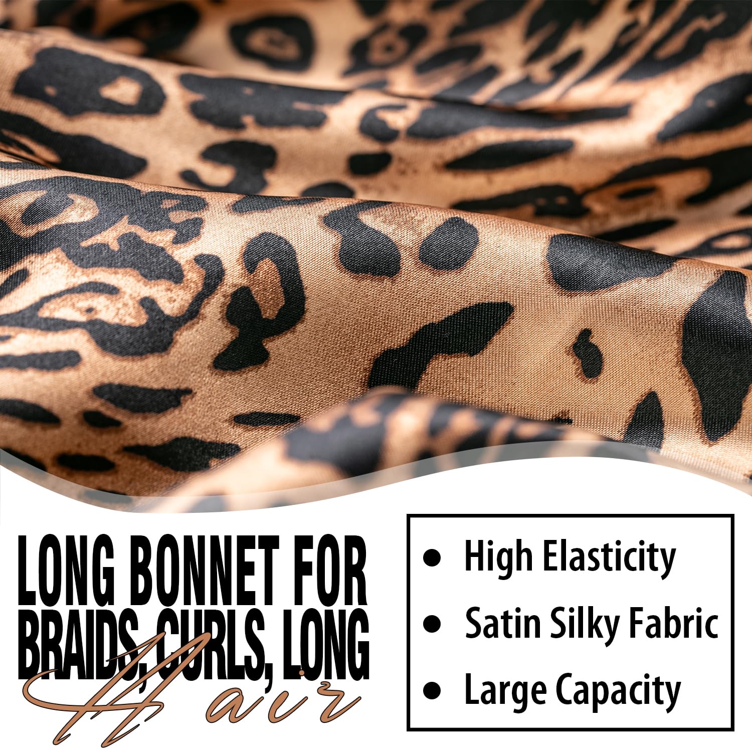 3 x Hauben für schwarze Frauen, große lange Satinhaube zum Schlafen, schwarze Seidenhaube mit dehnbarem Bindeband, Schlafhaube für langes lockiges Haar (Schwarz & Rosa & Leopard), Schwarz, Rosa und