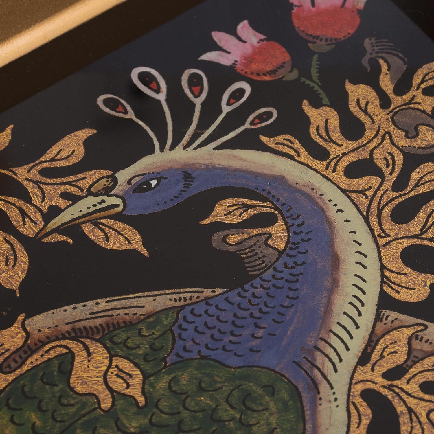 NOVICA Artisan Handmade Reversepainted Glass Tray Peacock Gold 17 in. Multicolor Tone Glasswood Peru Tableware Serveware Trays Animal Themed Birdpeacock [2.3in H x 17.25in W x 12in D] ' Peacock