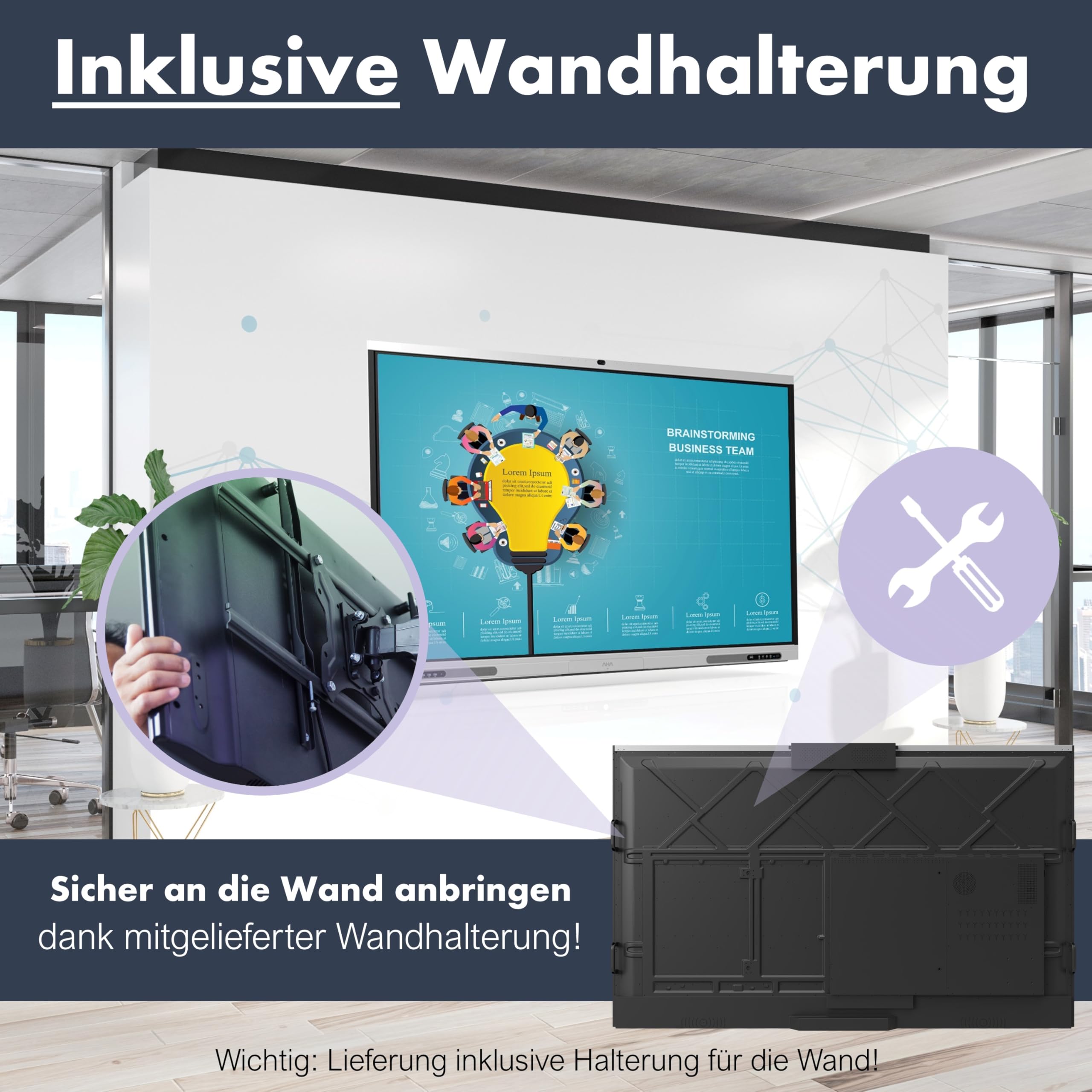 Interaktives Whiteboard 65 Zoll mit Video-Kamera, Google-EDLA & Office (4K UHD) 2.4G WiFi - Digitales Smart-Board & Tafel für Schule & Unternehmen - Flipchart Monitor Touch-Screen