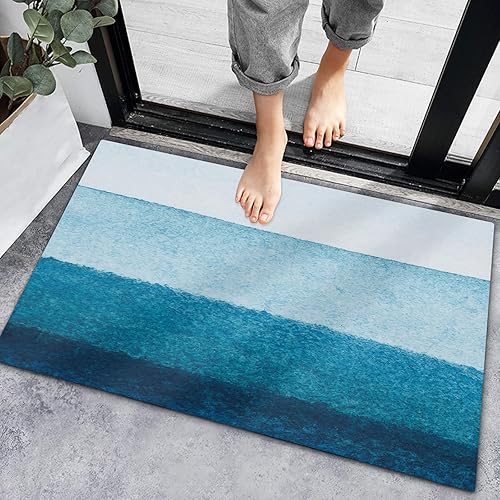 Tapete de baño antideslizante para interiores, diseño de ondas degradadas azules, con temática oceánica, alfombra de entrada, alfombra náutica