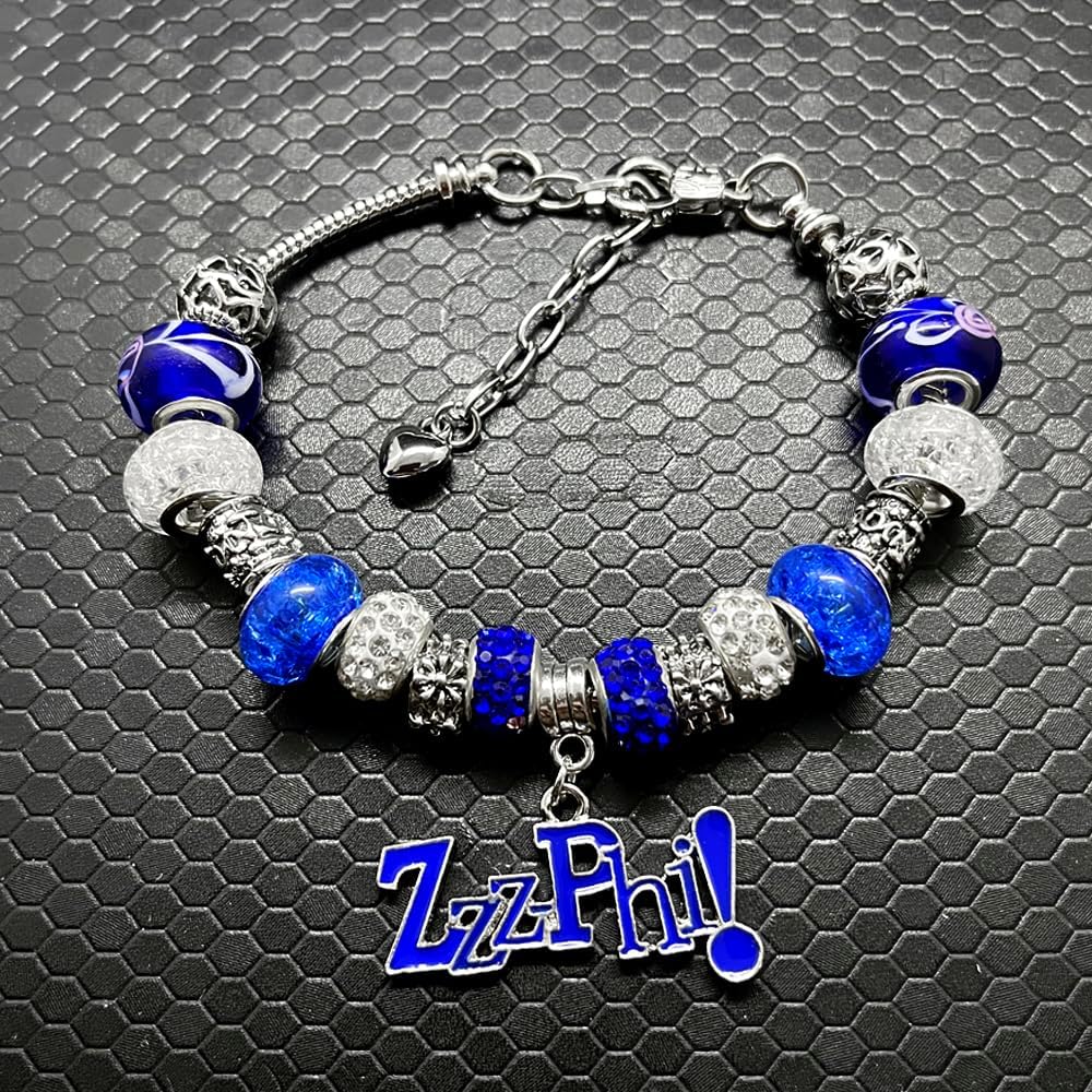 ZETA Sorority women Bracelet ZZZPHI Letter Charm Blue Big Hole Beads Snake Chain Bangle - Image 4