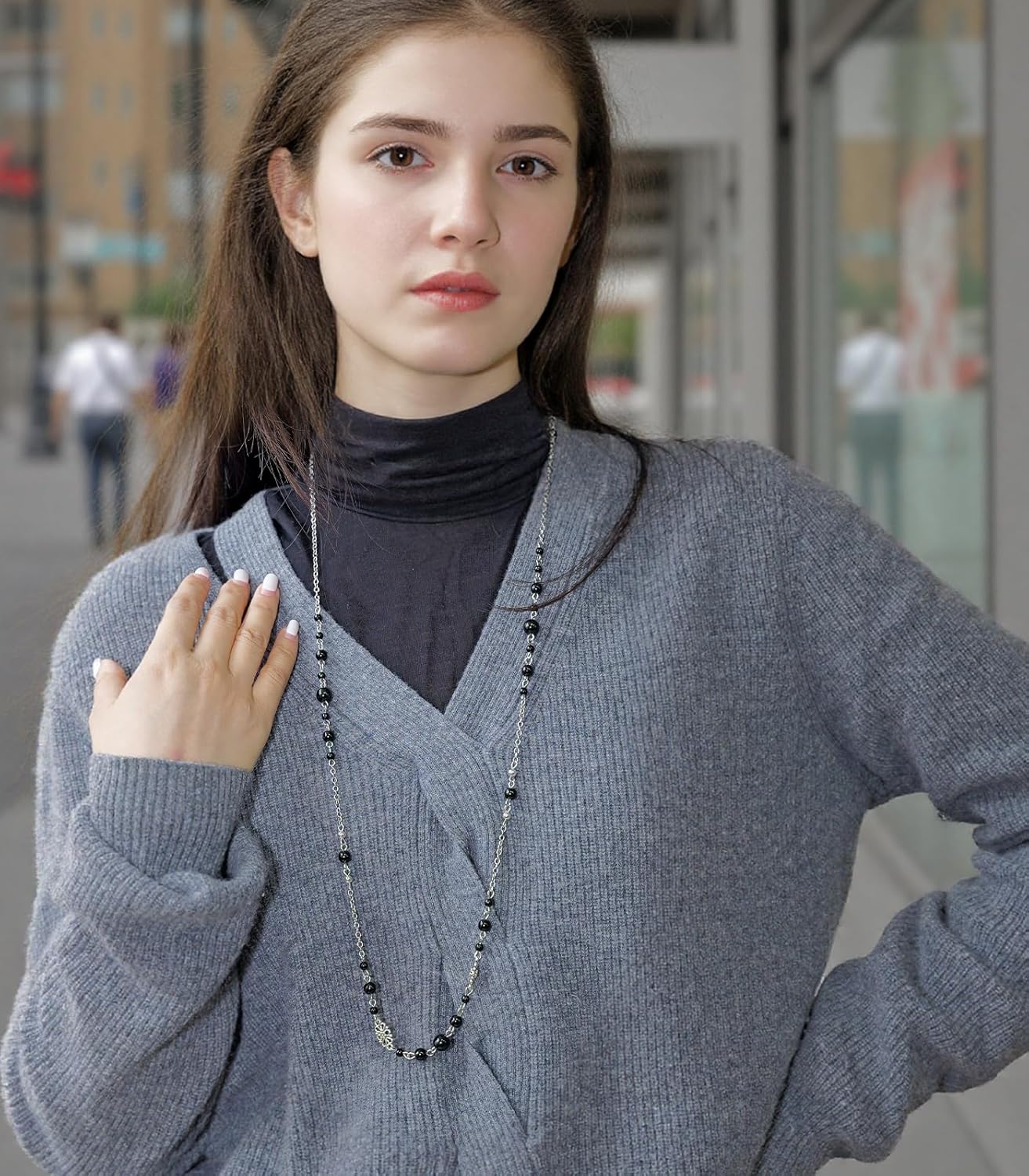 Long Beaded Silver Necklaces for Women Layered Long Statement Necklace with Stone Pearl Beads Double Sweater Chain Costume Jewelry for Women - Image 6