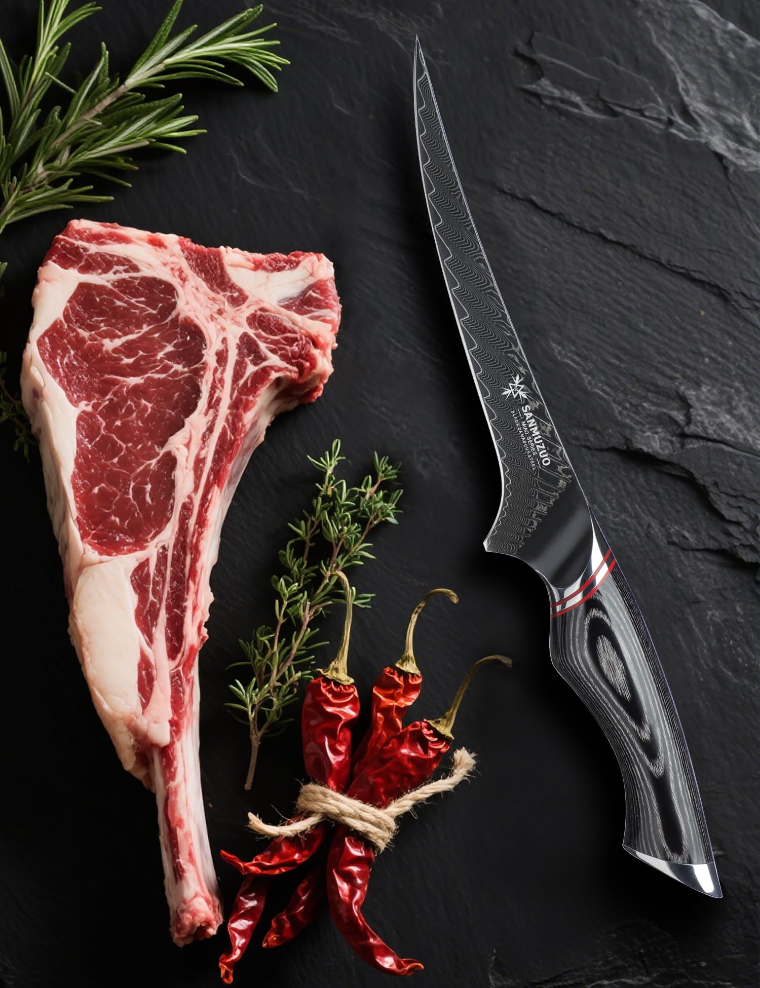 Coltello da filetto da 18 CM - Coltello da disosso da cucina professionale - Acciaio Damasco nero con Manico ergonomico - Serie MIAO