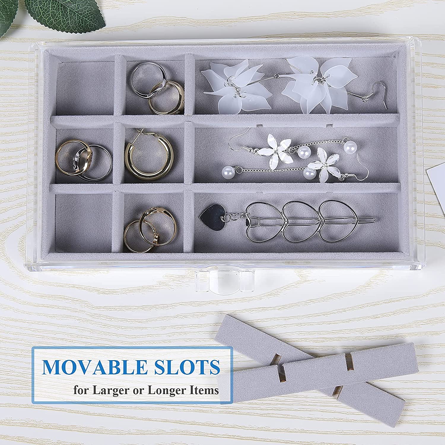 Snazzy 5 Drawers Acrylic Jewelry Organizer, Birthday and Back To School Season Gift, Women Large Clear Jewelry Box, Velvet Jewelry Display Holder for Earrings, Rings, Necklaces, Grey 3