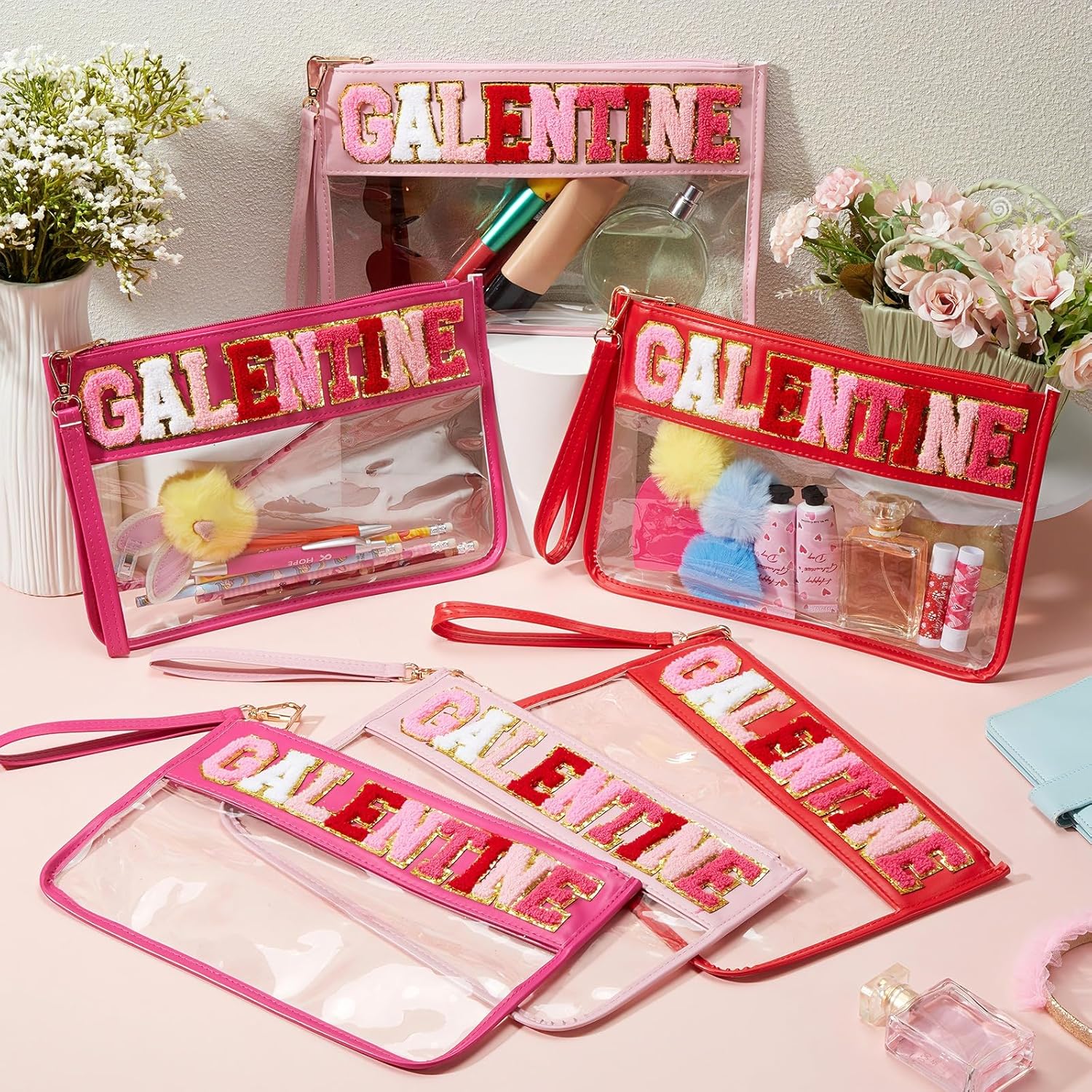 6 Pcs Galentine's Day Makeup Bags Gifts Bulk Chenille Letter Clear Zipper Pouch Waterproof Nylon Organizer for Women Girls Friends Ladies Valentine's Day Party Favors Decorations