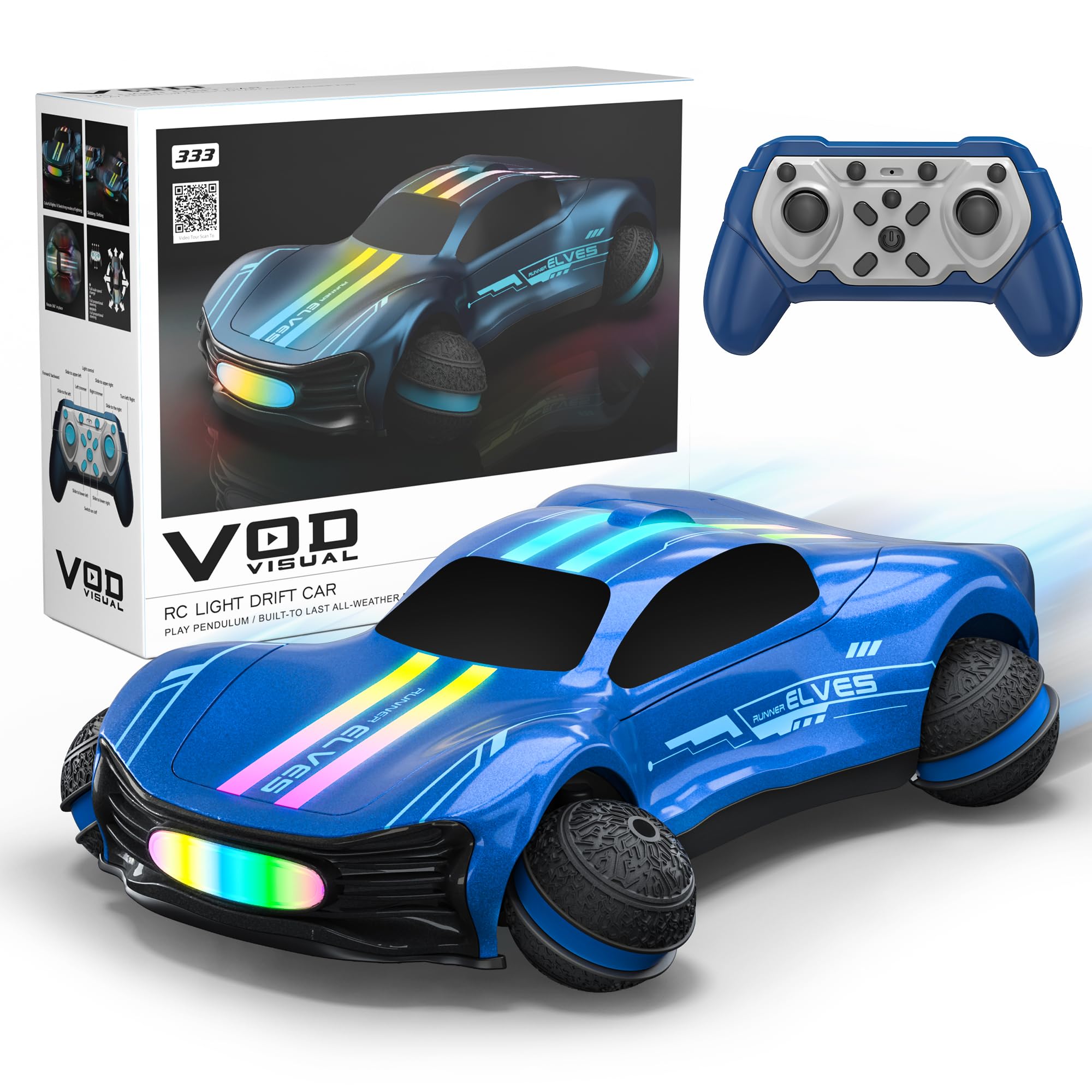 VOD VISUAL Remote Control Car for Kids, RC Stunt Car with Drift Wheels, 360° Spins & Flips, 2.4GHz Rechargeable Toy Car with LED Lights, Indoor