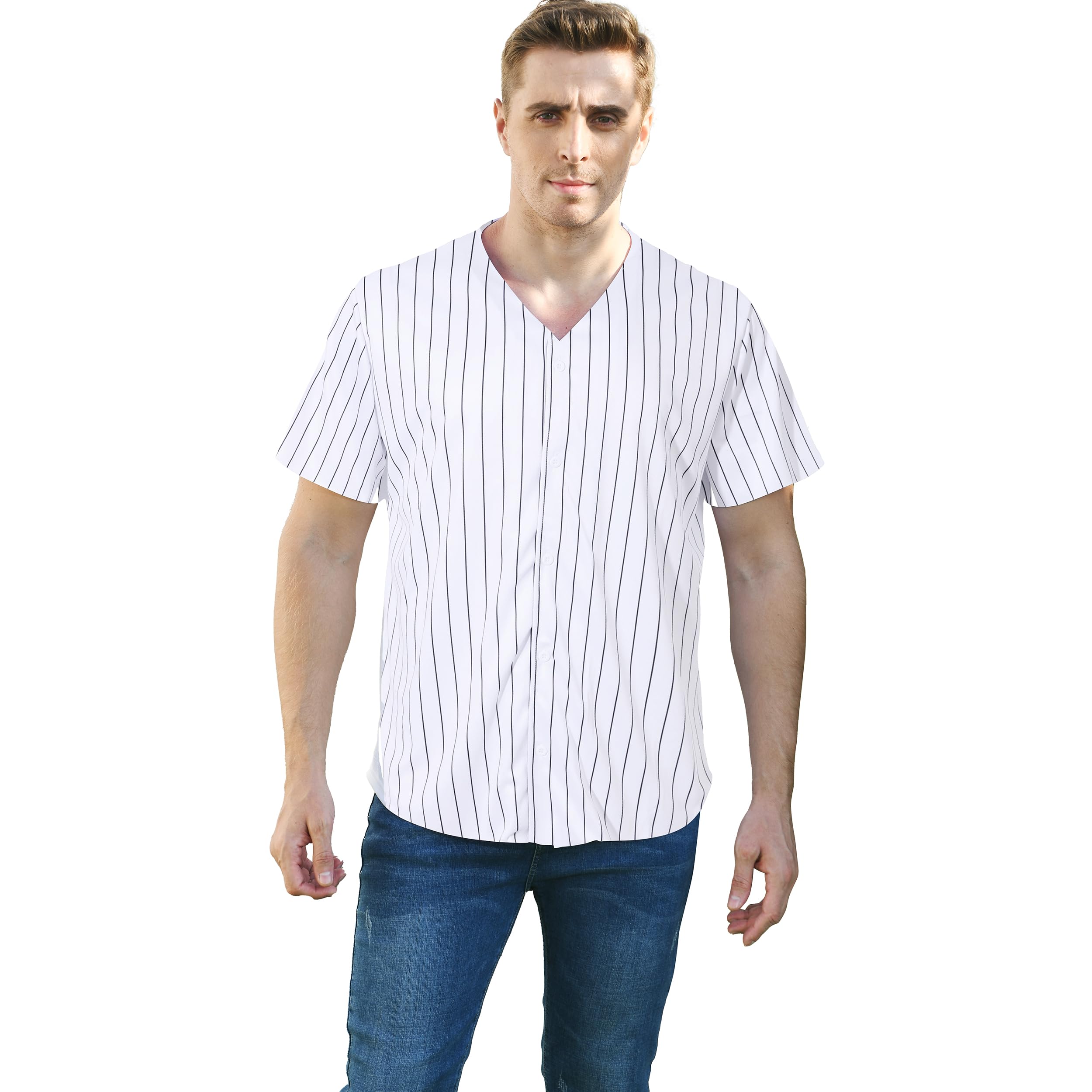 Men Baseball Jersey Button Striped T Shirts Sports Uniform Jersey Active Short Sleeve Tee Team Clothing