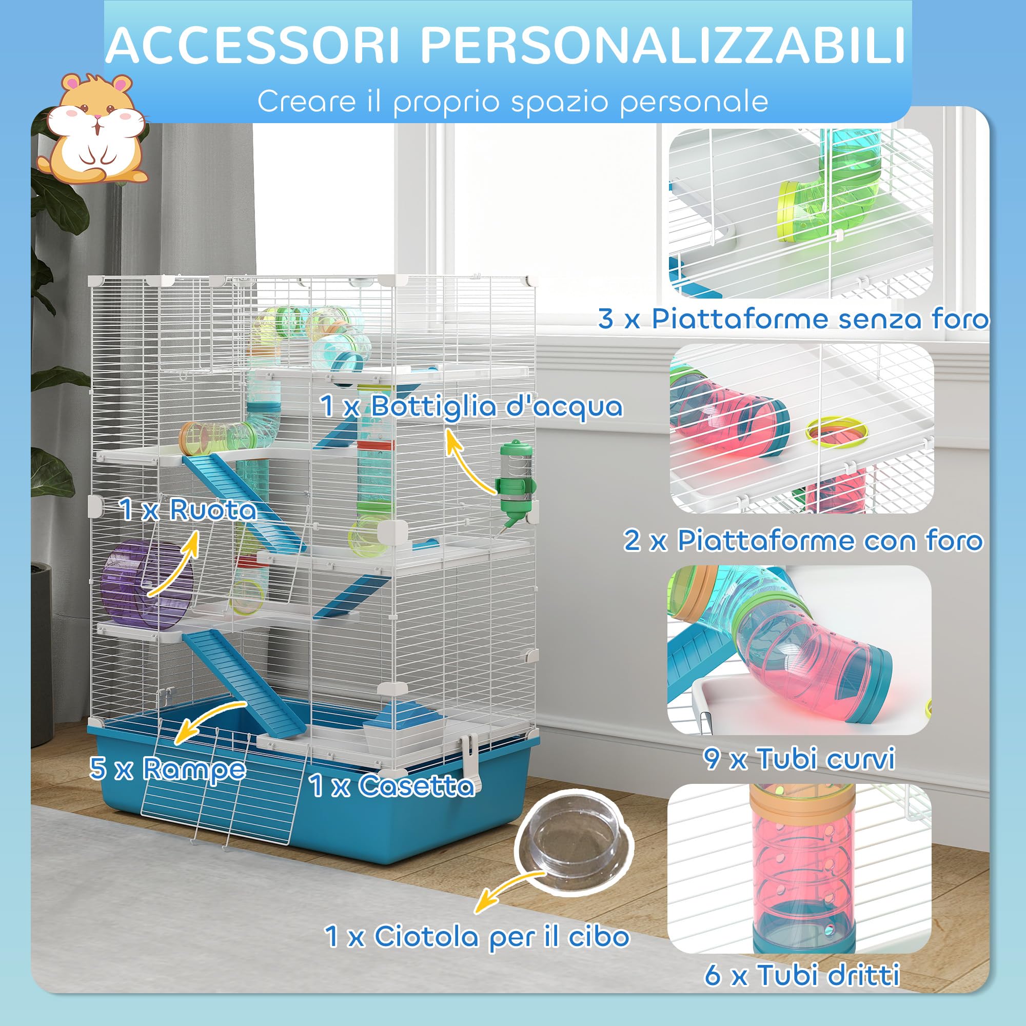 PawHut Gabbia per Criceti a 6 Livelli con Tubi, Casetta, Bottiglia d'acqua, Rampe, Ciotola, Piattaforme, 2 Porte e Ruota, Gabbietta per Roditori e Gerbilli, in Metallo, PP e PS, 58x36x81 cm, Azzurro
