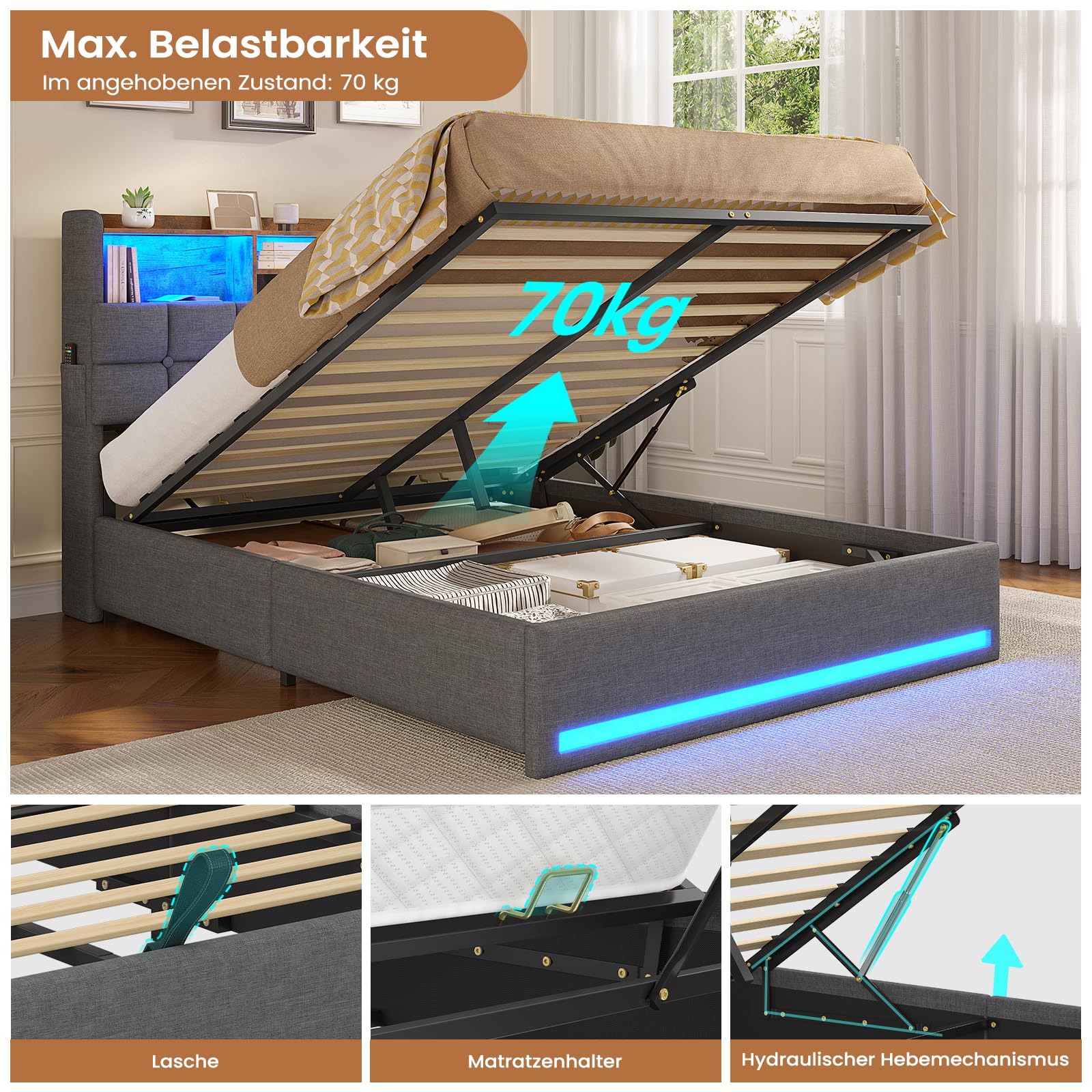 AOGLLATI Polsterbett 140×200 Hydraulisches Stauraumbett mit LED-Bleuchtung,Jugendbett mit USB- und Type-C-Anschlüsse Doppelbett Bettgestell mit Holzlatten, Leinenstoff,ohne Matratze(Grau, 140x200cm)