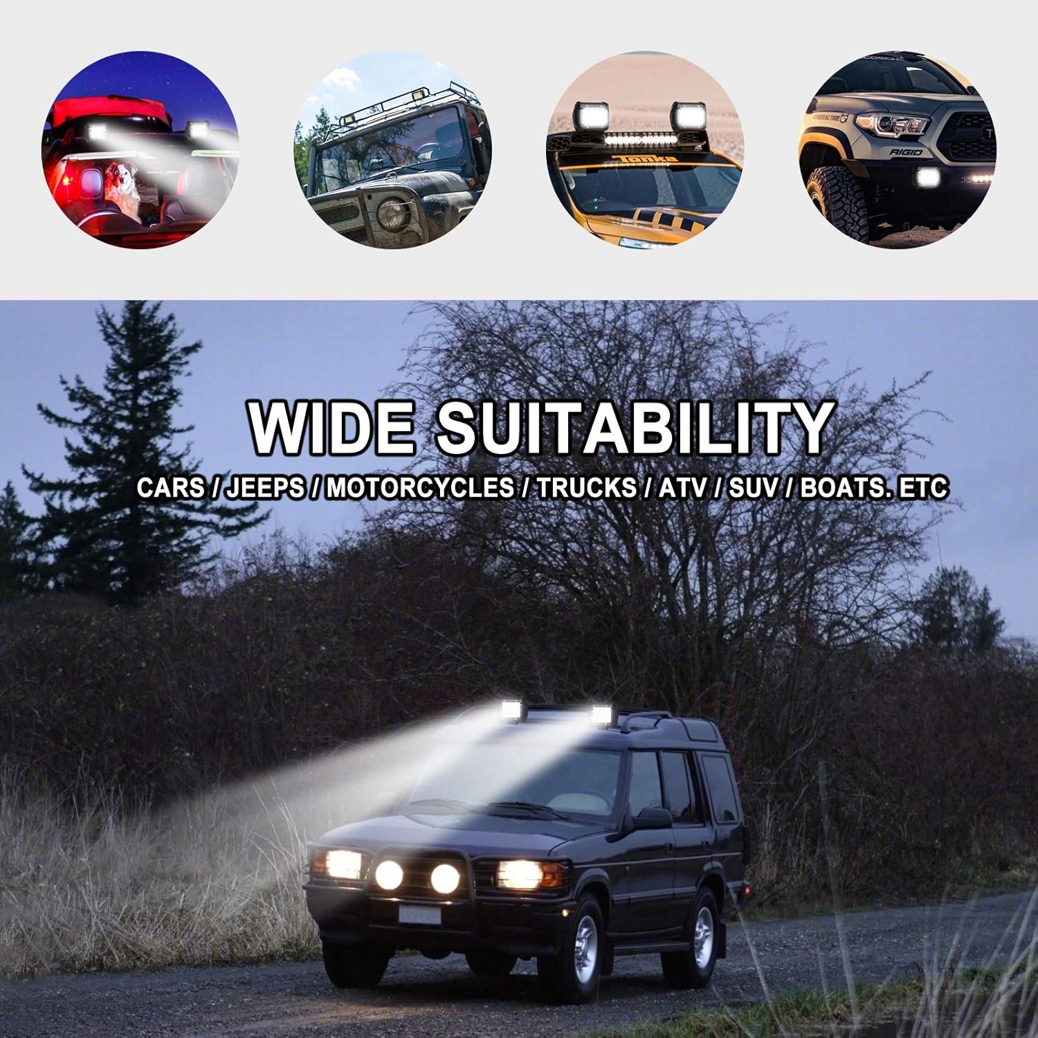 URAQT LED Work Lights installed on various vehicles including cars, jeeps, motorcycles, trucks, ATVs, SUVs, and boats.