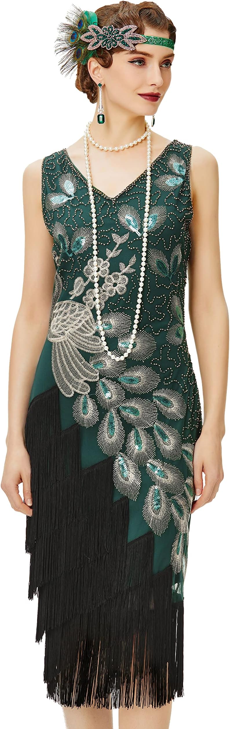 BABEYOND1920s Vintage Peacock Sequined Dress Gatsby Fringed Flapper Dress Roaring 20s Party Dress