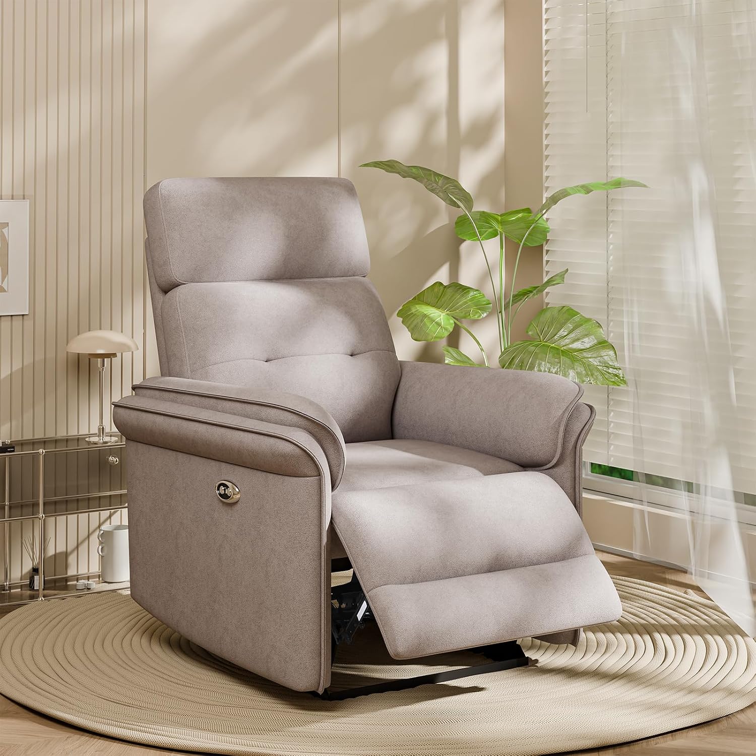 BedsPick Fabric Power Recliner Chair, Ultra-Comfy Velvet Reclining Chair with Overstuffed Arms & USB Port, Recliner Chairs for Adults, Modern Recliner for Living Room, Bedroom (Light Grey)
