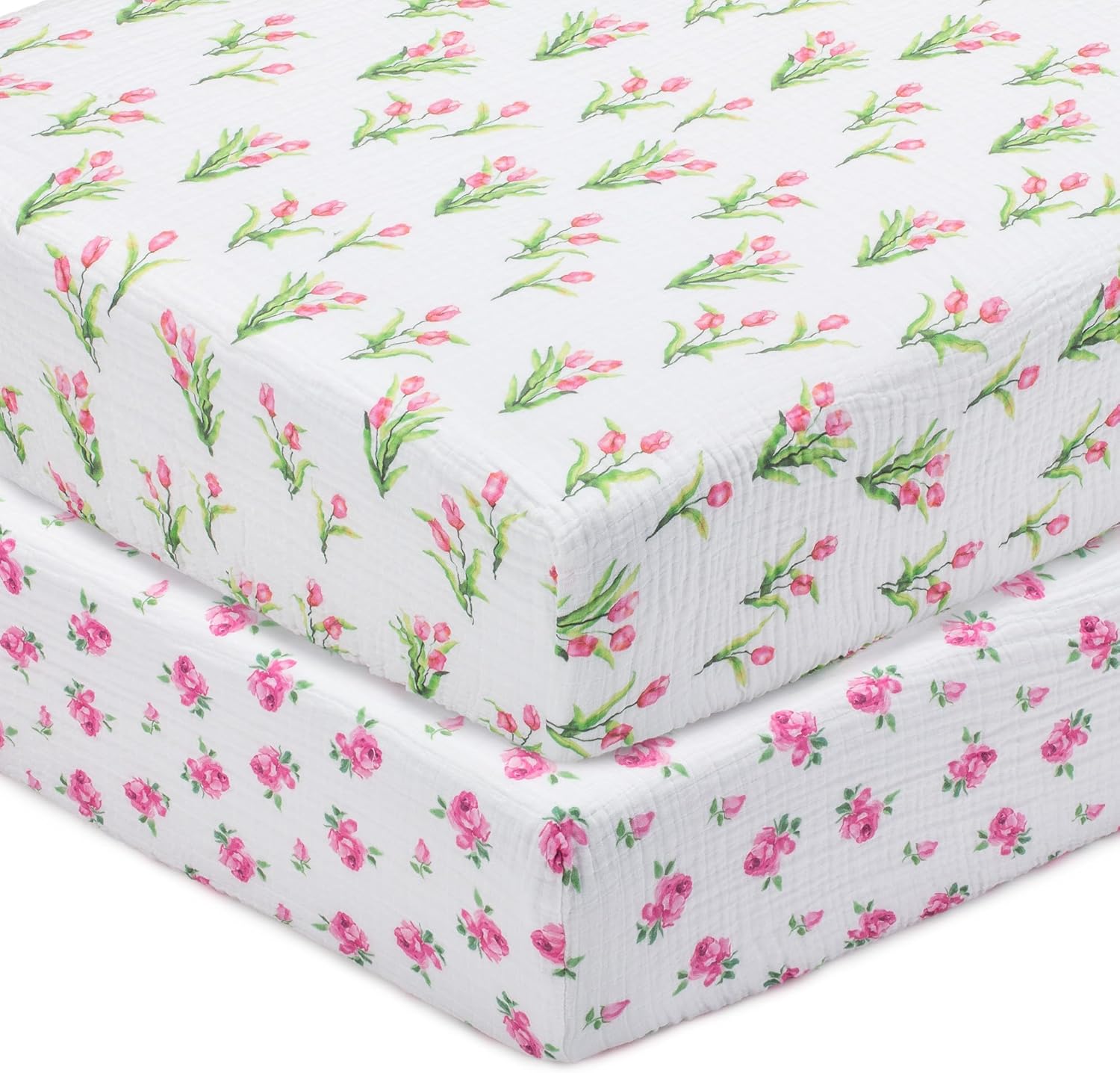 LollyBanks Muslin Crib Sheets 2 Pack, 100% Cotton Soft and Breathable Fitted Crib Sheet for Standard 52"x28" Mattress, Cozy Baby Bed Sheet for Girls, Baby Girl Nursery Decor (Tulip and Rose)