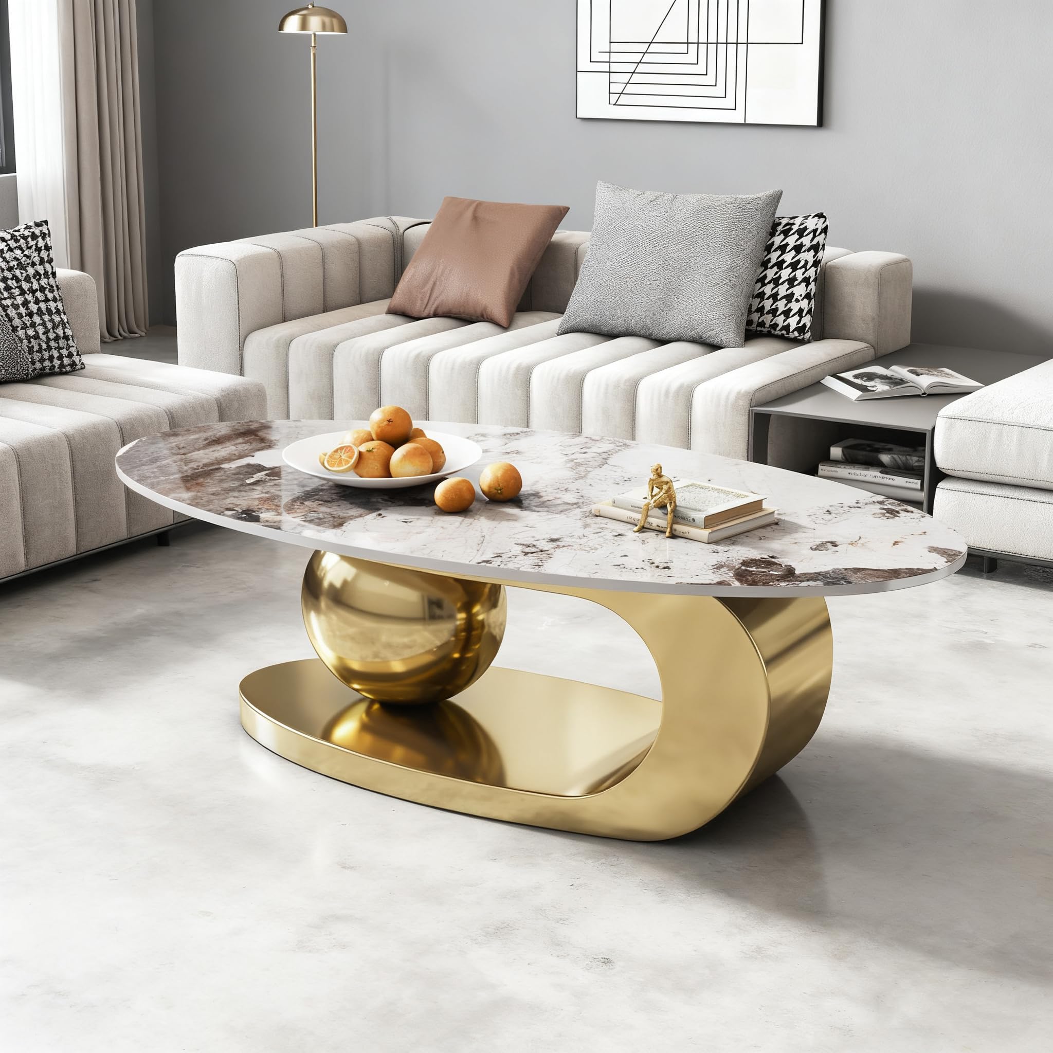 51" Modern Oval Coffee Table with Gold Stainless Steel Base,Center Table for Living Room,Office (Gold)